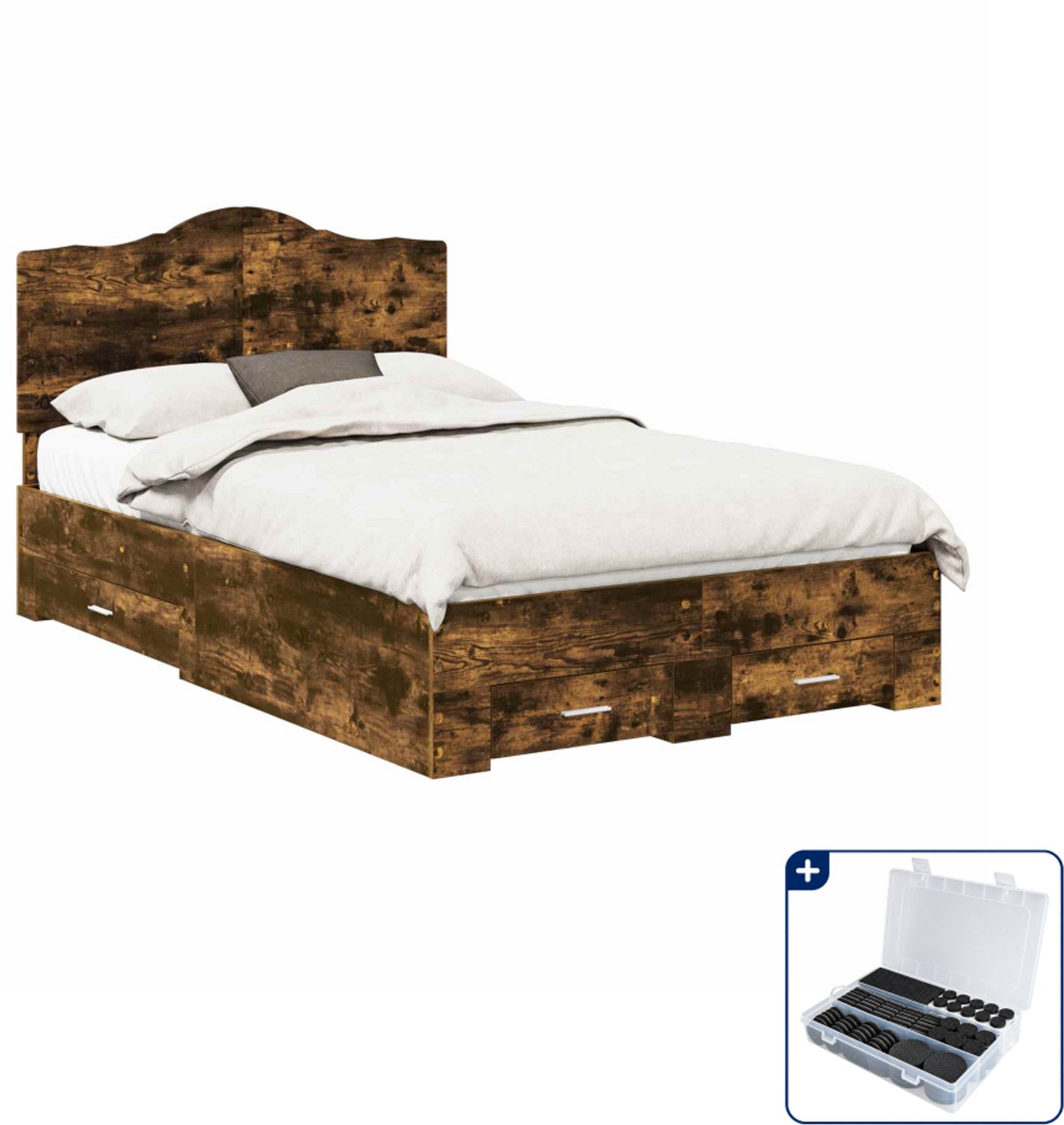 vidaXL bedframe - 135 x 190 cm - bewerkt hout - gerookt eiken - Inclusief antikrasvilt 177-delig Bruin