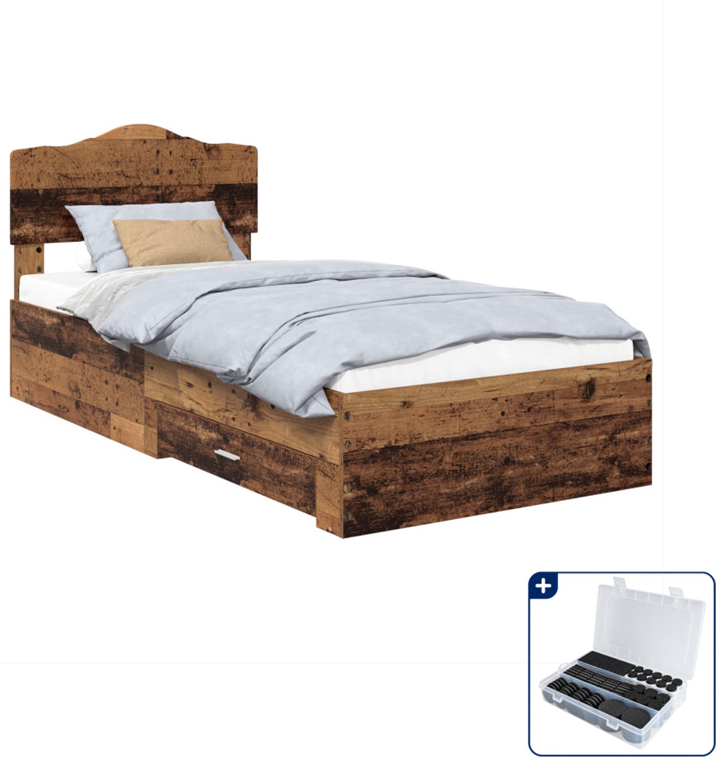 vidaXL bedframe met lade - 100 x 200 cm - bewerkt hout - oudhout - Inclusief antikrasvilt 177-delig Bruin