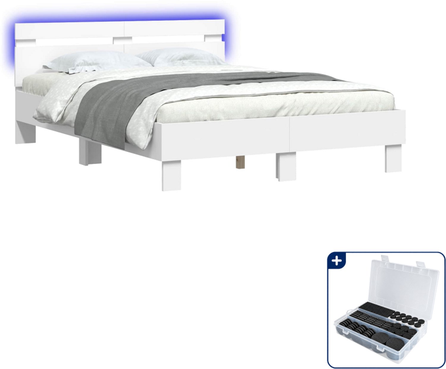 vidaXL bedframe met led - 137 x 190 cm - bewerkt hout - wit - Inclusief antikrasvilt 177-delig Grijs