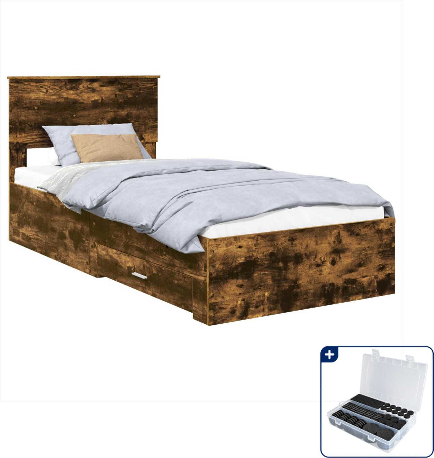 vidaXL bedframe - 90 x 190 cm - bewerkt hout - gerookt eiken - Inclusief antikrasvilt 177-delig Wit