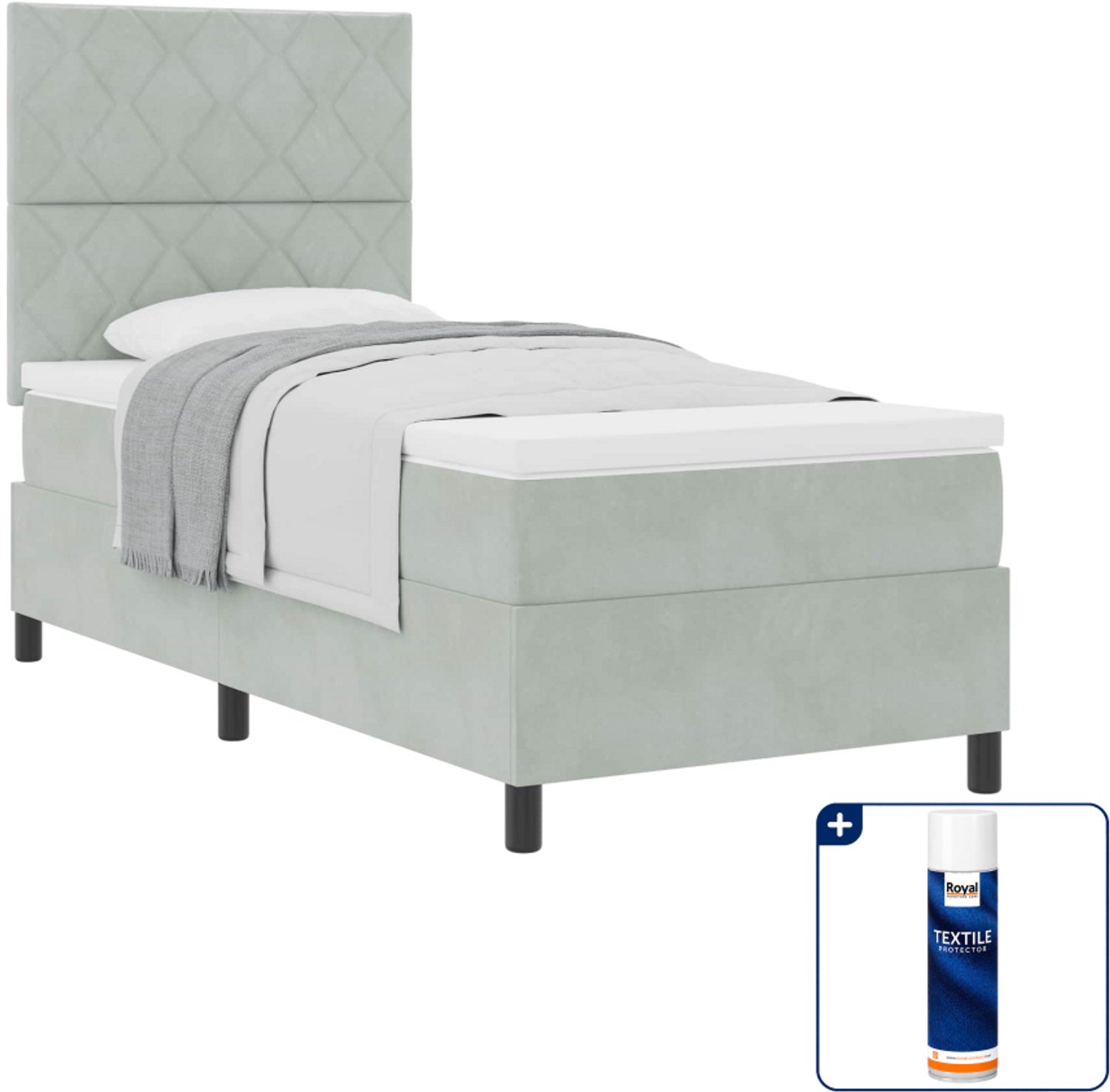 vidaXL boxspringbed - 90 x 200 cm - fluweel - lichtgrijs - Inclusief textielbeschermer 500 ml