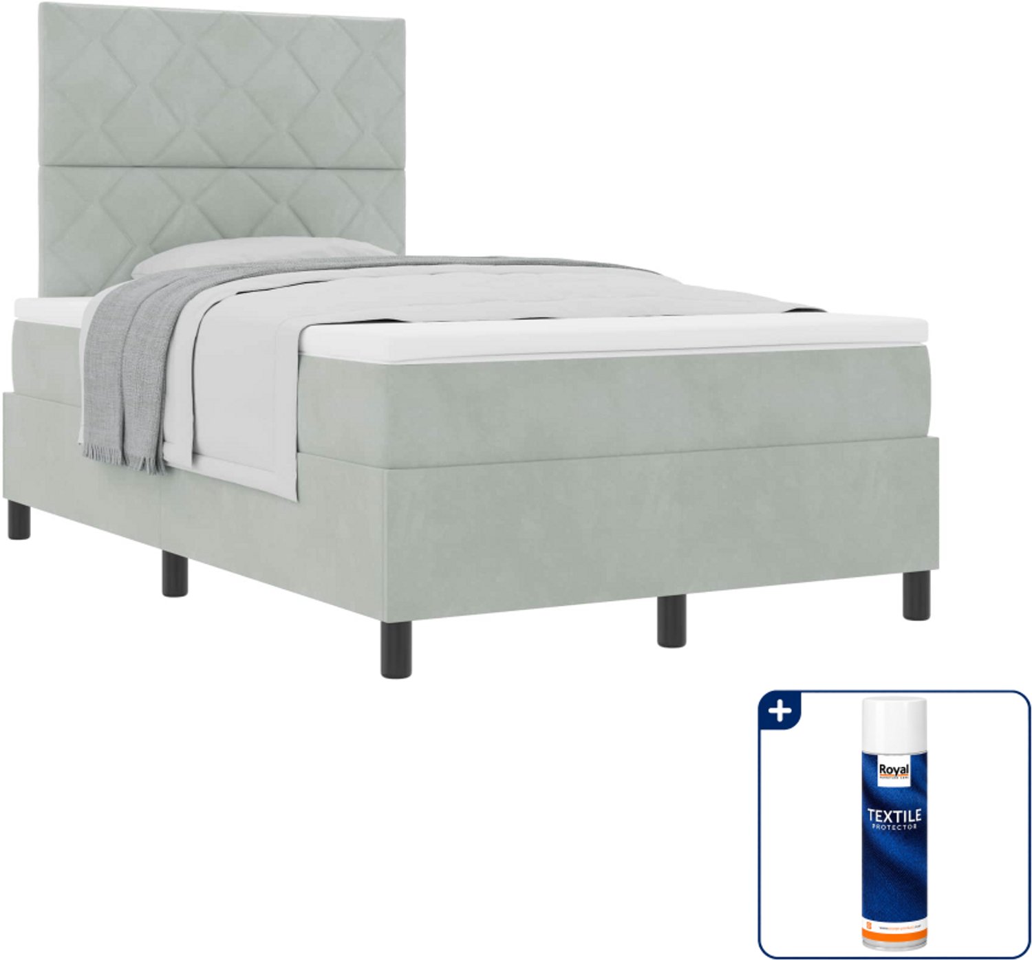vidaXL Boxspringbed - 120 x 190 cm - fluweel - lichtgrijs - Inclusief textielbeschermer 500 ml
