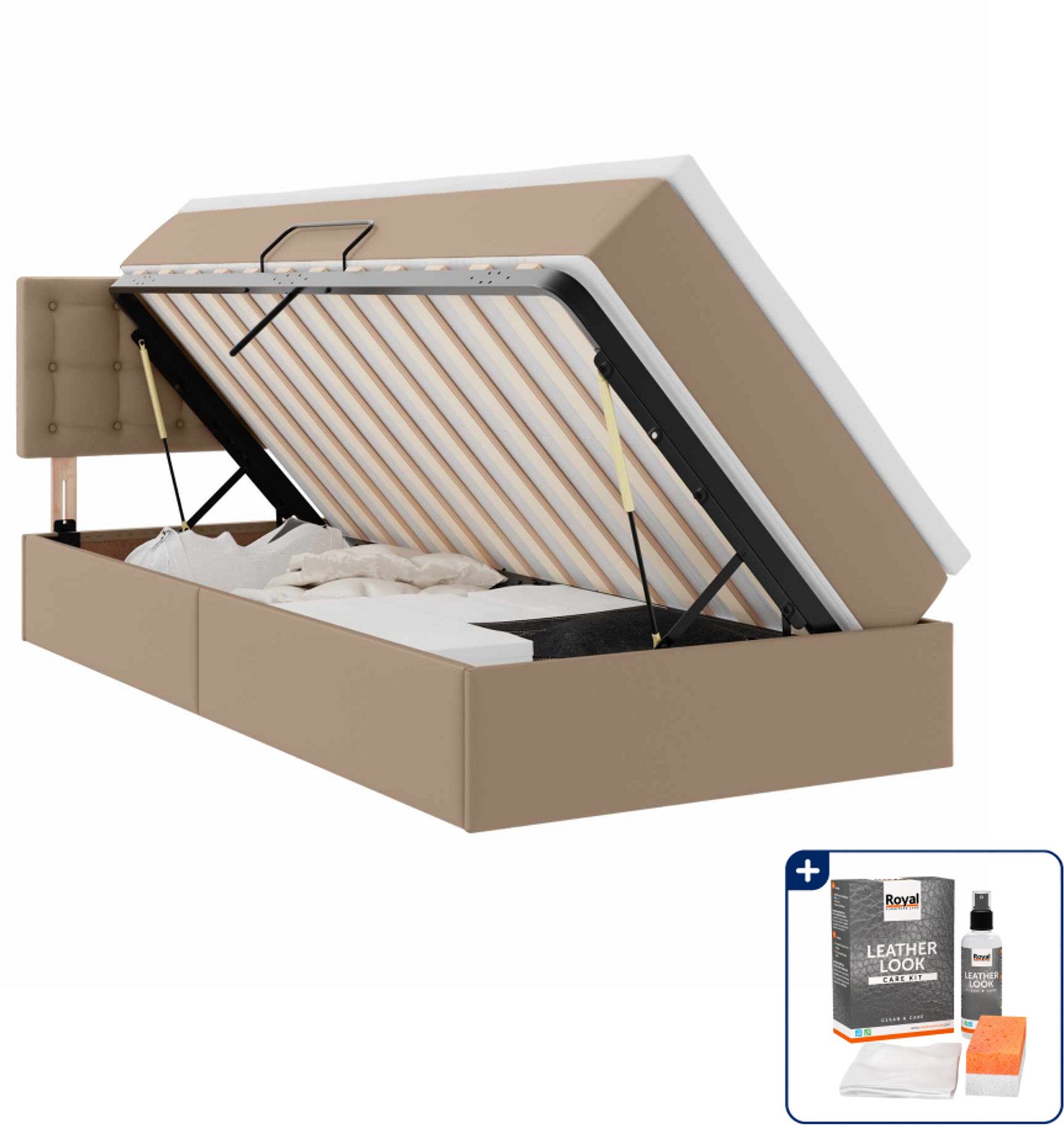 vidaXL opbergbed met matras - 90 x 200 cm - kunstleer - cappuccino - Inclusief onderhoudsset voor kunstleer 150 ml Lichtgrijs