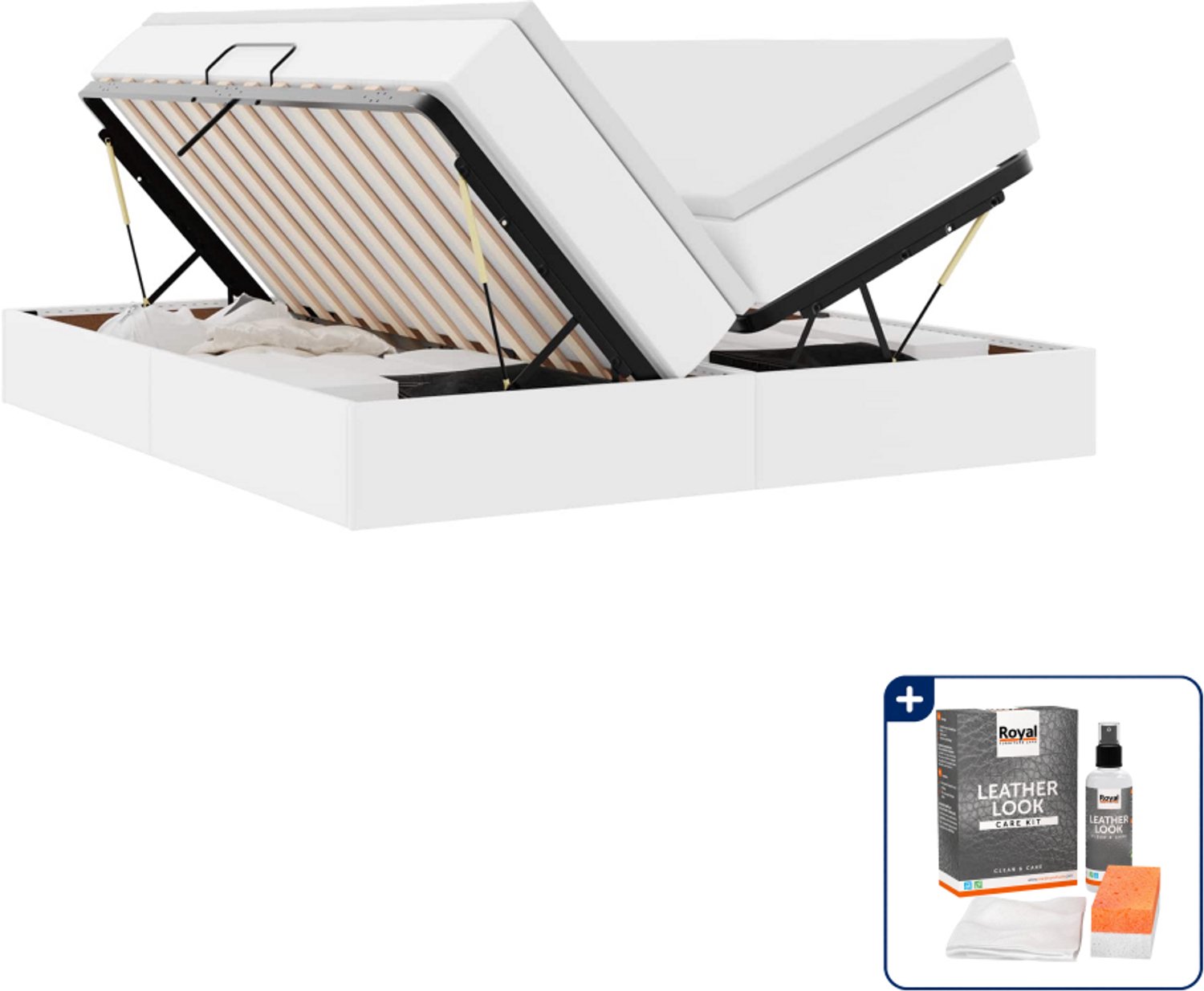 vidaXL opbergbed met matras - 200 x 200 cm - kunstleer - wit - Inclusief onderhoudsset voor kunstleer 150 ml Zwart