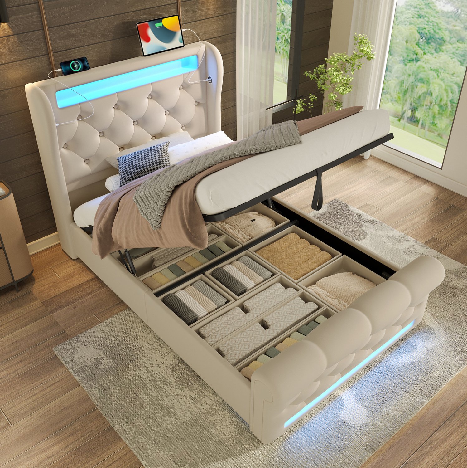 Maisentiel Eenpersoonsbed 90 x 200 cm met opbergruimte, LED en USB-C - beige fluweel