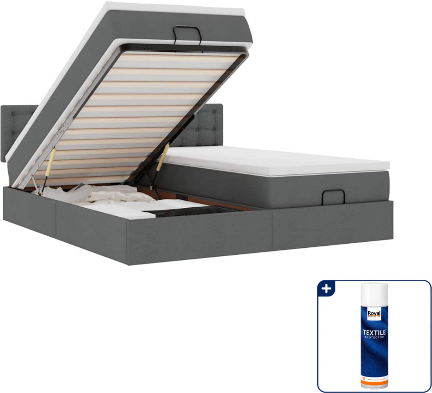 vidaXL Kingsize ottomaan bed met matrassen - 180 x 200 cm - stof - donkergrijs - Inclusief textielbeschermer 500 ml Blauw