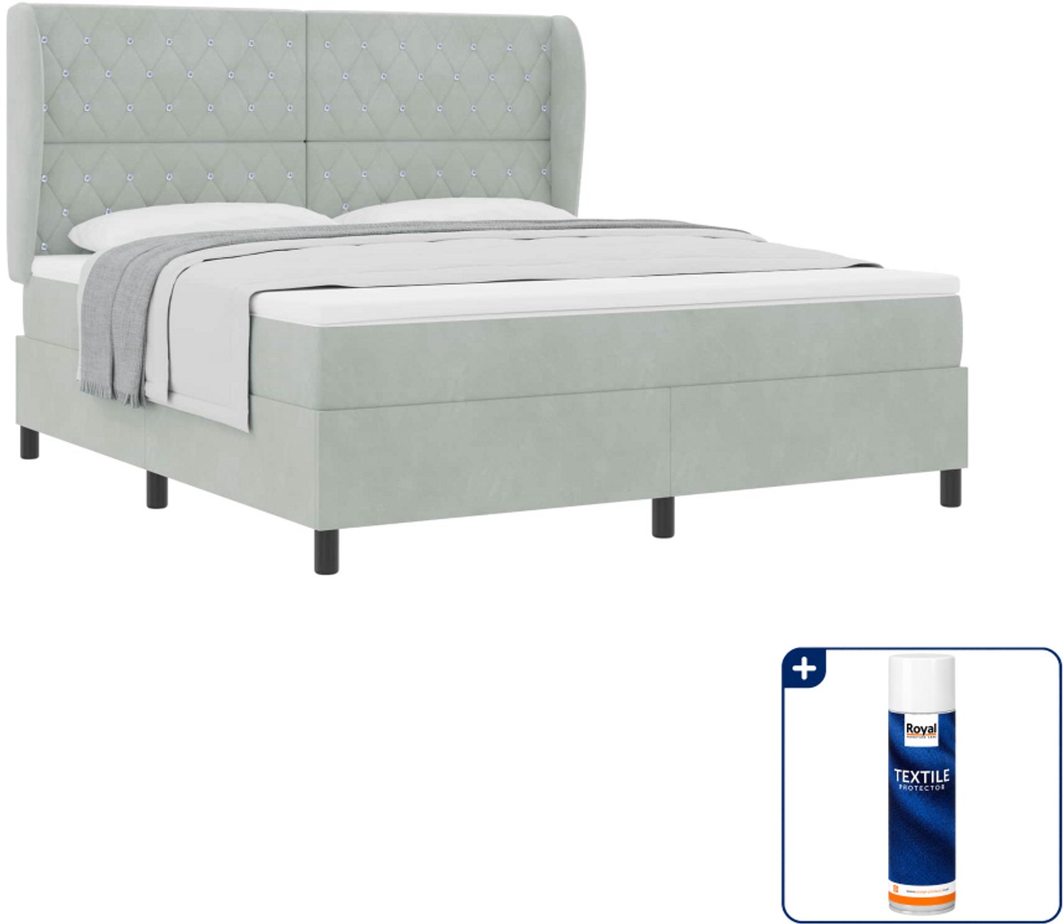 vidaXL boxspringbed - Super kingsize - 200 x 180 cm - fluweel - lichtgrijs - Inclusief textielbeschermer 500 ml