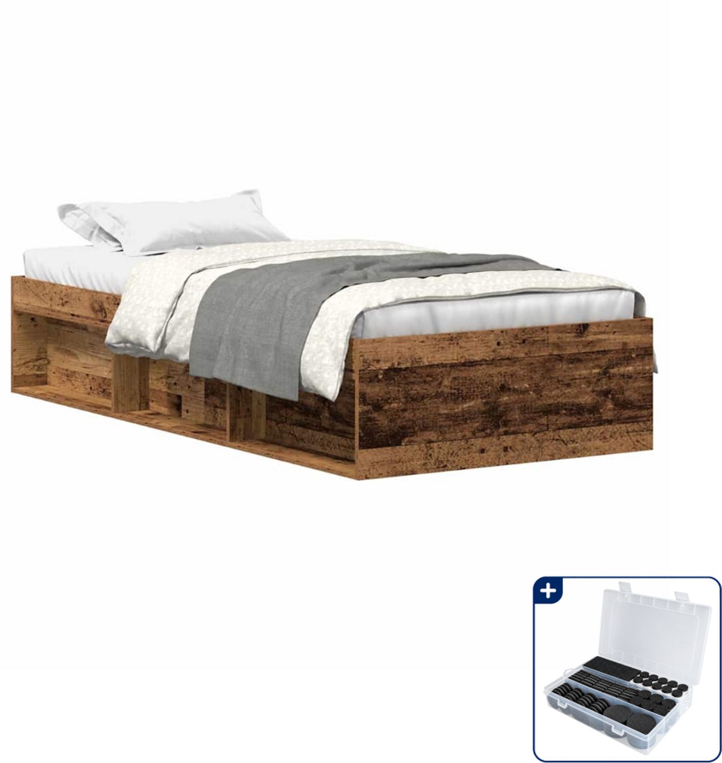 vidaXL bedframe - 90 x 200 cm - bewerkt hout - oud hout - Inclusief antikrasvilt 177-delig grijs