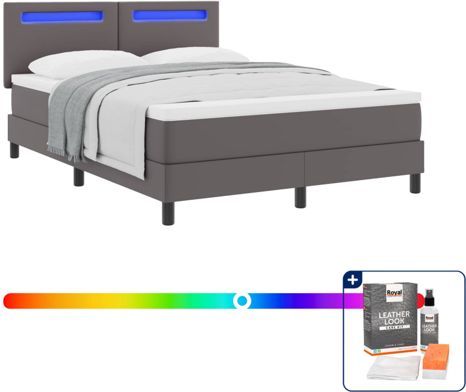 vidaXL Queensize boxspringbed met matras - 160 x 200 cm - grijs - Inclusief onderhoudsset voor kunstleer 150 ml