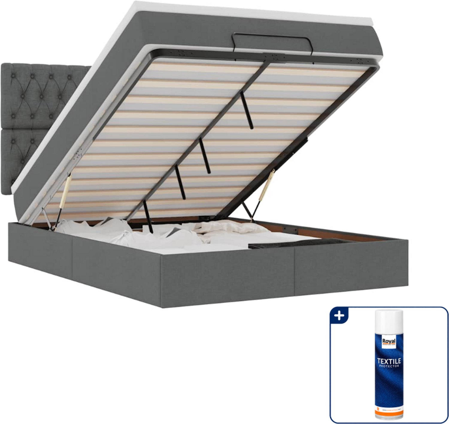 vidaXL ottoman bed met matras en LED - 140 x 190 cm - stof - donkergrijs - Inclusief textielbeschermer 500 ml