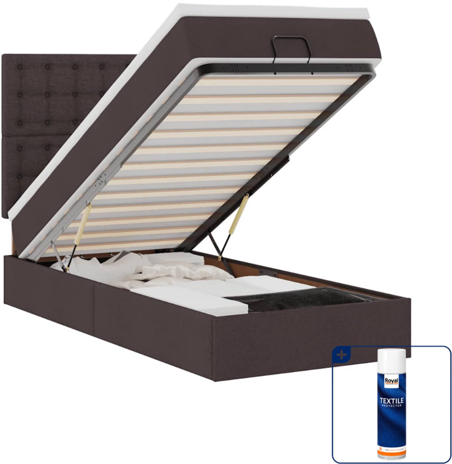 vidaXL Bed met matras en LED - 90 x 200 cm - stof - donkerbruin - Inclusief textielbeschermer 500 ml Grijs