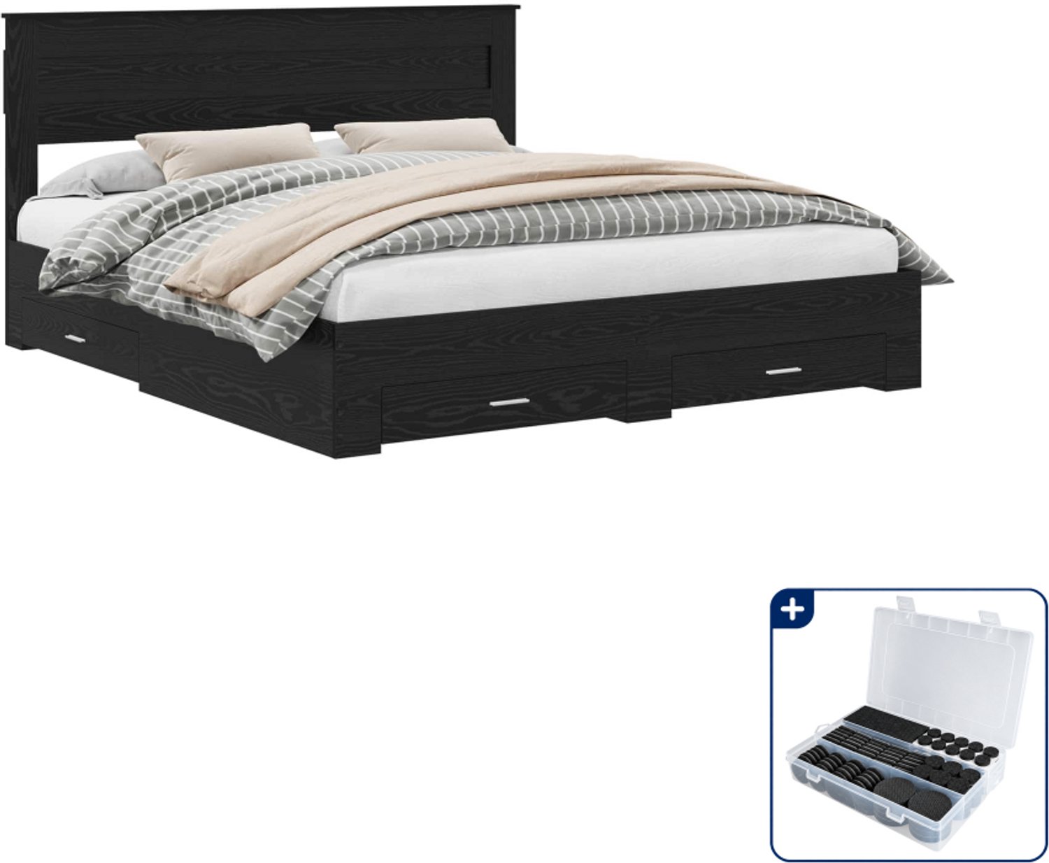 vidaXL Bedframe Kingsize - 180 x 200 cm - bewerkt hout - zwart eiken - Inclusief antikrasvilt 177-delig Bruin