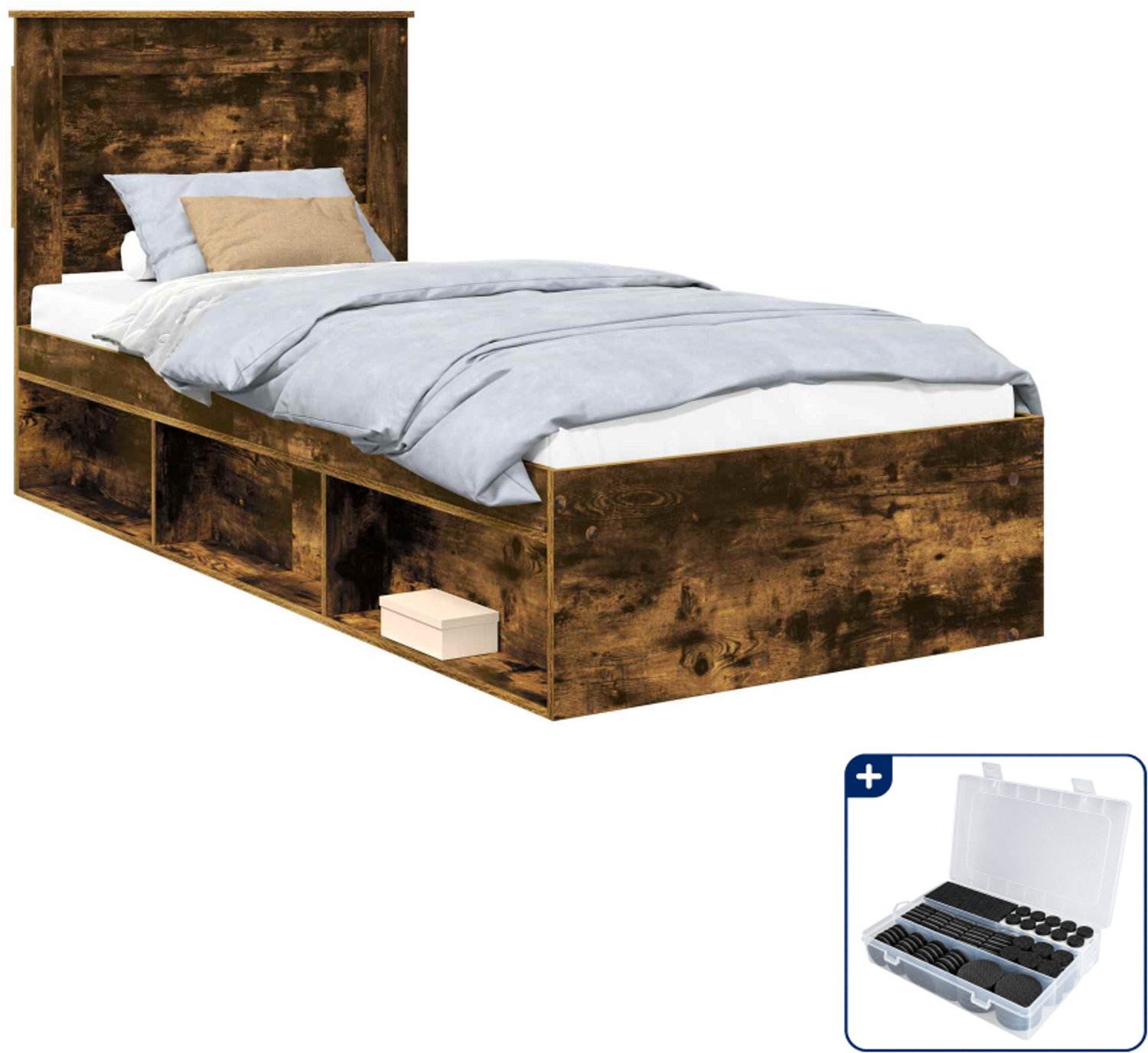 vidaXL Bedframe - 100 x 200 cm - bewerkt hout - gerookt eiken - Inclusief antikrasvilt 177-delig Bruin