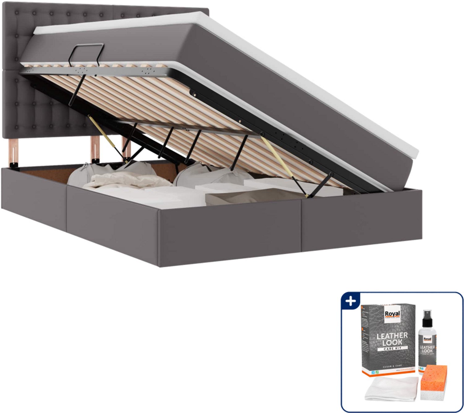 vidaXL bed met opbergruimte - Small double - 140 x 200 cm - grijs - Inclusief onderhoudsset voor kunstleer 150 ml