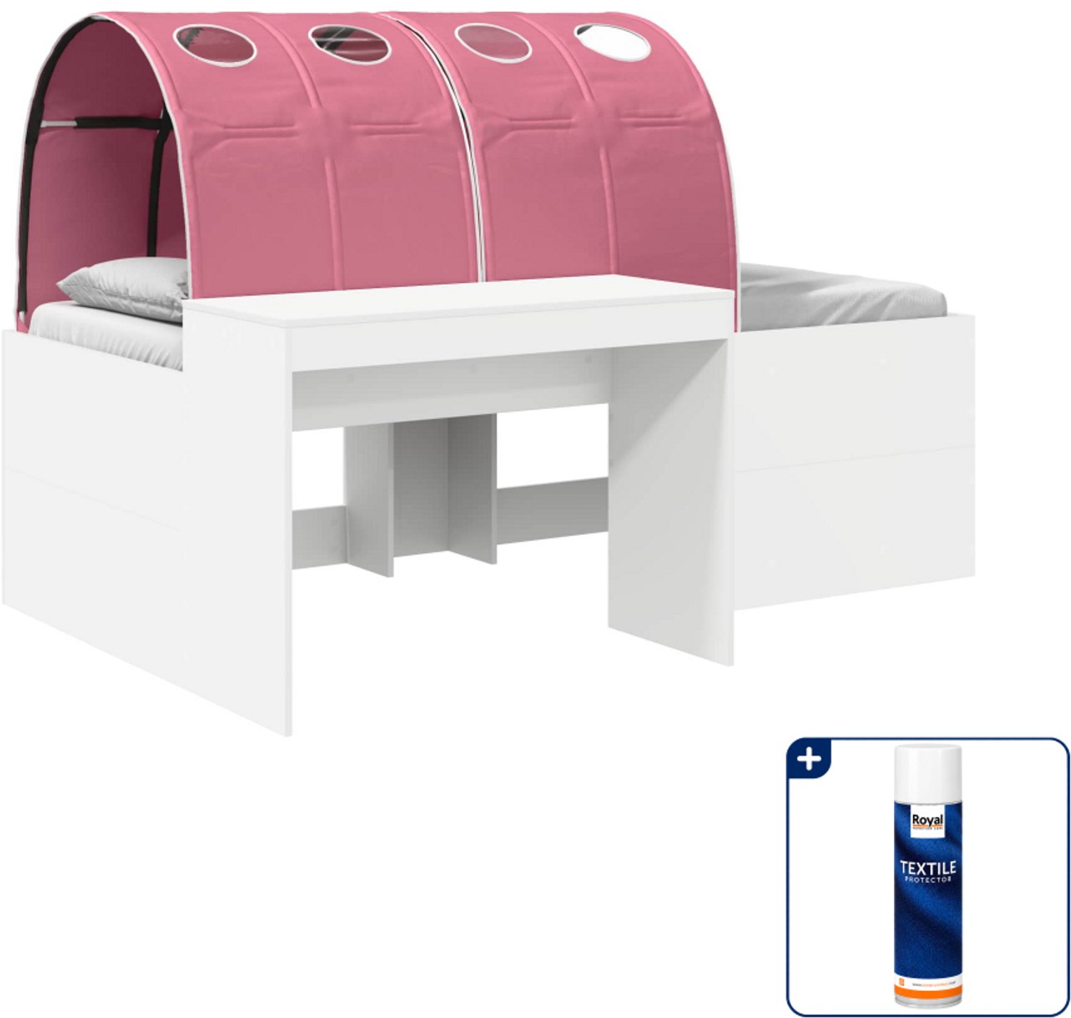 vidaXL hoogslaper met tunnel - 80 x 200 cm - bewerkt hout - wit/roze - Inclusief textielbeschermer 500 ml