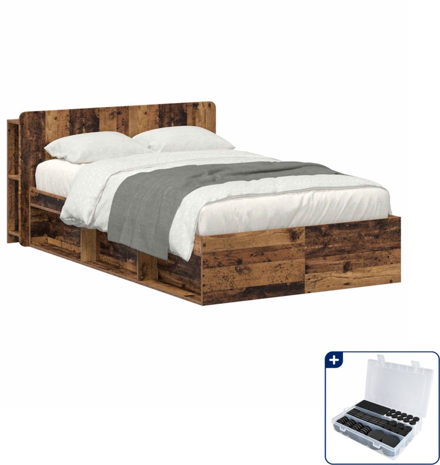 vidaXL bedframe met opslag - 120 x 200 cm - bewerkt hout - oud hout - Inclusief antikrasvilt 177-delig Bruin