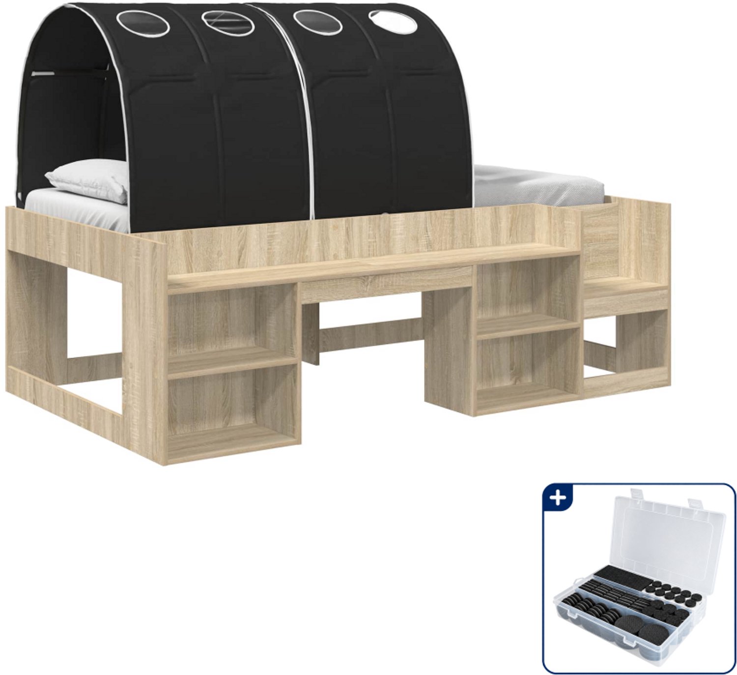 vidaXL hoogslaper 90 x 190 cm - bewerkt hout - sonoma eiken en zwart - Inclusief antikrasvilt 177-delig Bruin