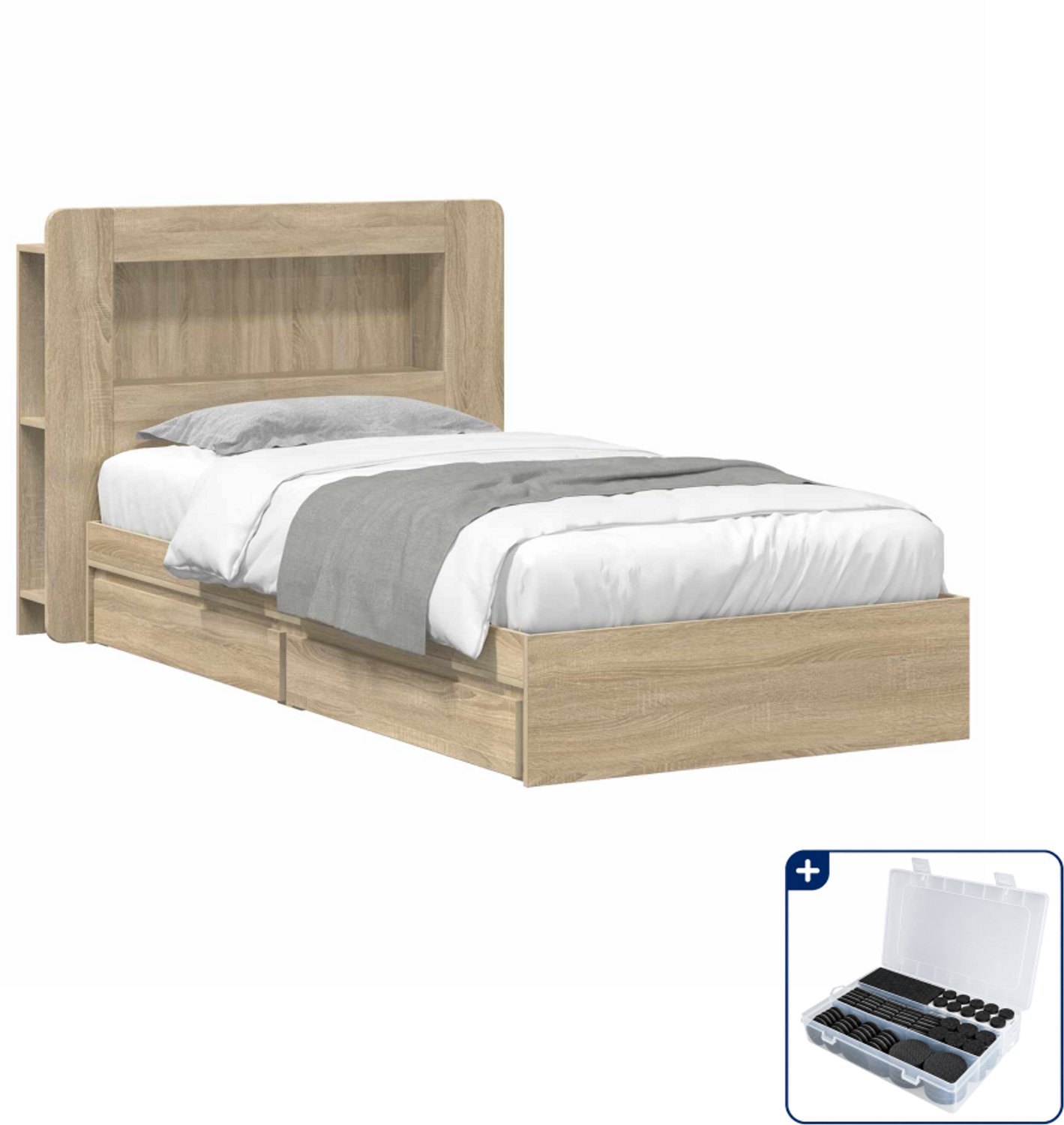 vidaXL bedframe met opslag - 75 x 190 cm - bewerkt hout - sonoma eiken - Inclusief antikrasvilt 177-delig Bruin