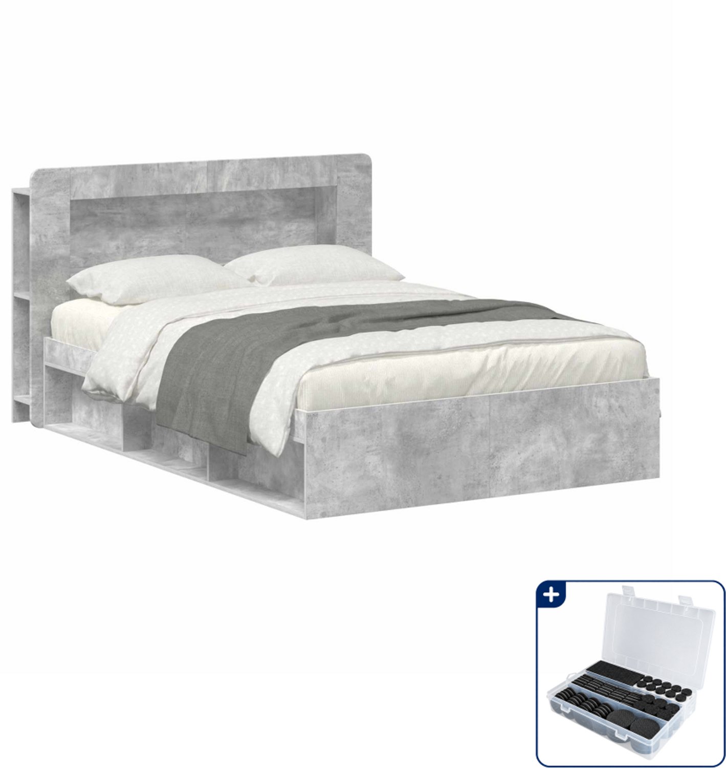 vidaXL bedframe met opslag - 140 x 190 cm - bewerkt hout - betongrijs - Inclusief antikrasvilt 177-delig