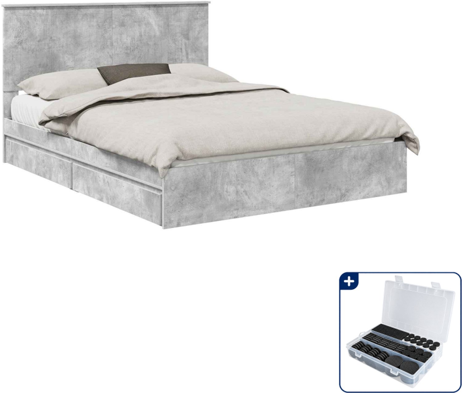 vidaXL bedframe met lade - 150 x 200 cm - bewerkt hout - beton grijs - Inclusief antikrasvilt 177-delig