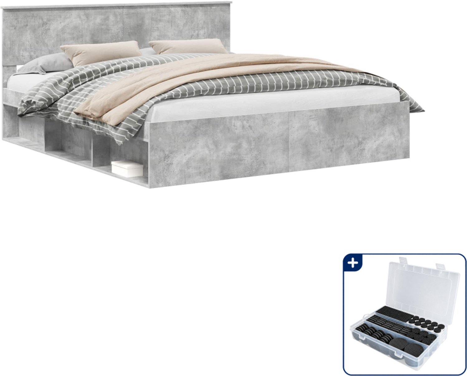 vidaXL Bedframe - Kingsize - 180 x 200 cm - Betongrijs - Inclusief antikrasvilt 177-delig Bruin
