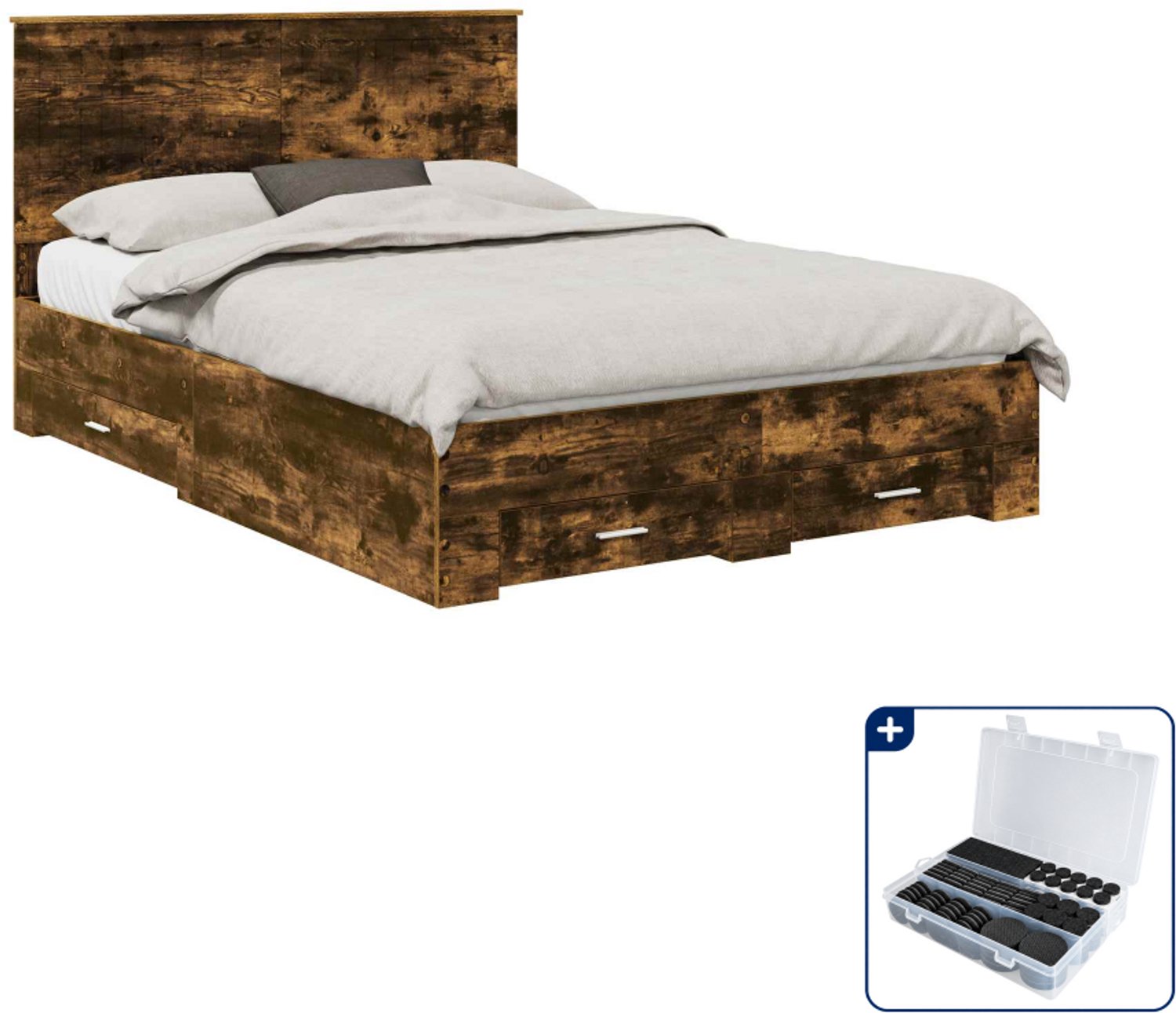 vidaXL bedframe met lade - 135 x 190 cm - bewerkt hout - gerookt eiken - Inclusief antikrasvilt 177-delig Bruin