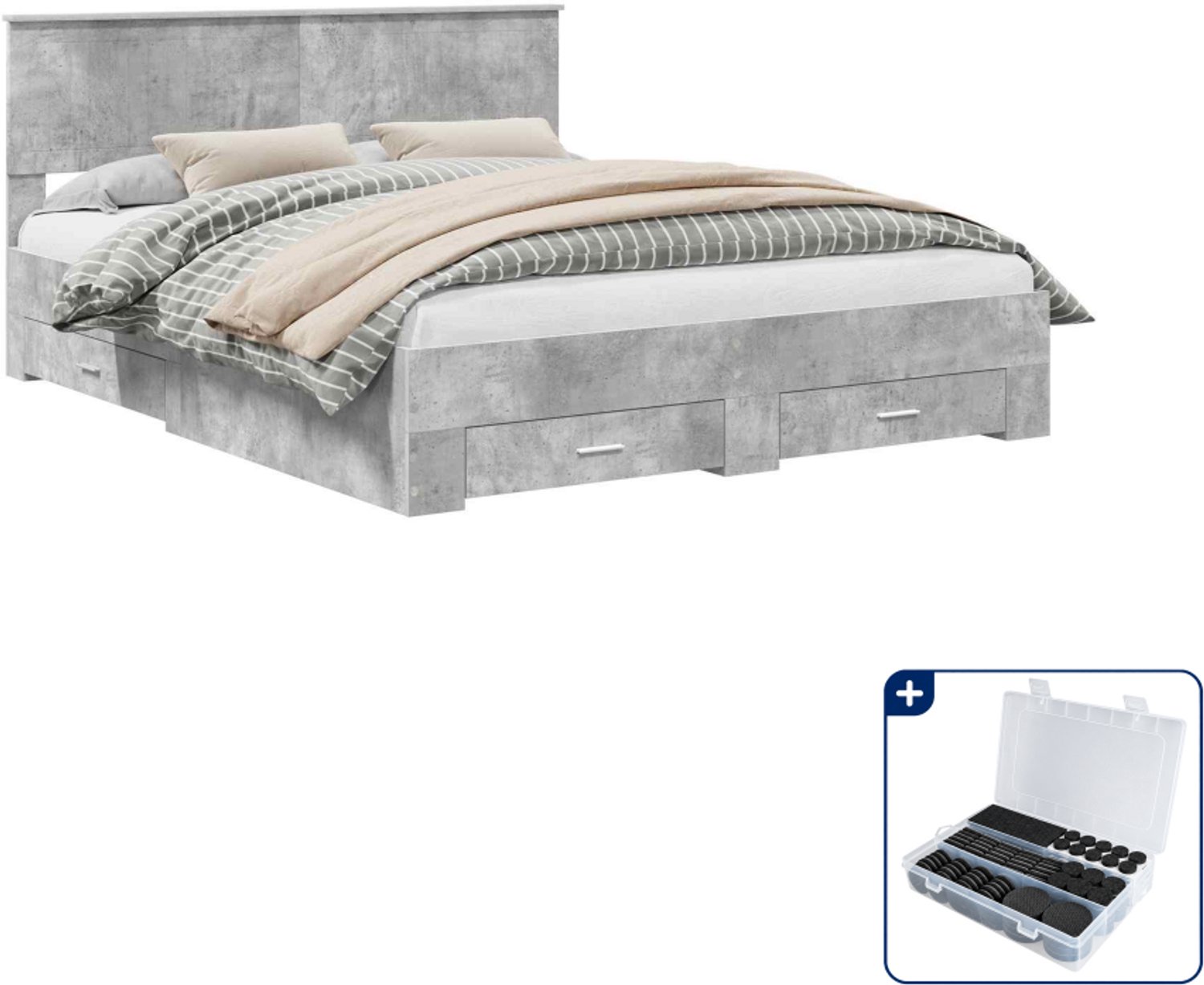 vidaXL bedframe met lade - Queensize - 160 x 200 cm - betongrijs - Inclusief antikrasvilt 177-delig