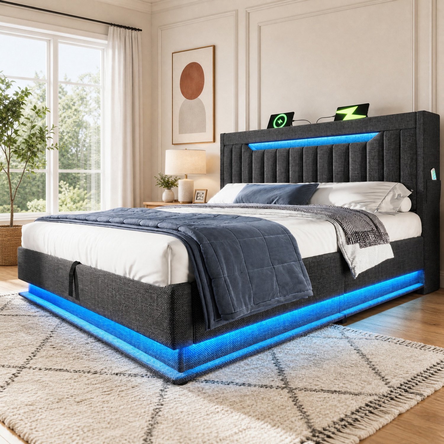 Maisentiel Gestoffeerd tweepersoonsbed 140 x 200 cm met opbergruimte, led en USB - grijs