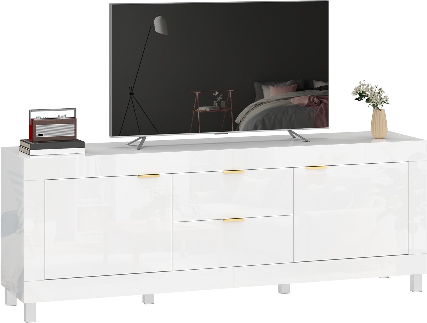 Lunpog TV Meubel - TV Kast Met 2 kasten en 2 lades - Opbergmeubel Voor Slaapkamer en Woonkamer - Hoogglans wit