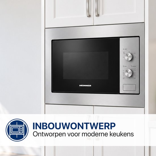 Heinner Inbouw Magnetron – 20 L – 800 W – 5 Vermogensniveaus – Ontdooifunctie – Mechanische Bediening – 35 Min Maximale Kooktijd – Zwart/Zilver