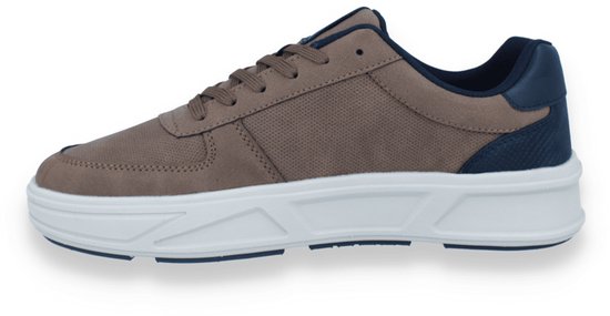 Zijaanzicht van een bruine SJ Lifestyle herensneaker met donkerblauwe accenten en een witte plateauzool.