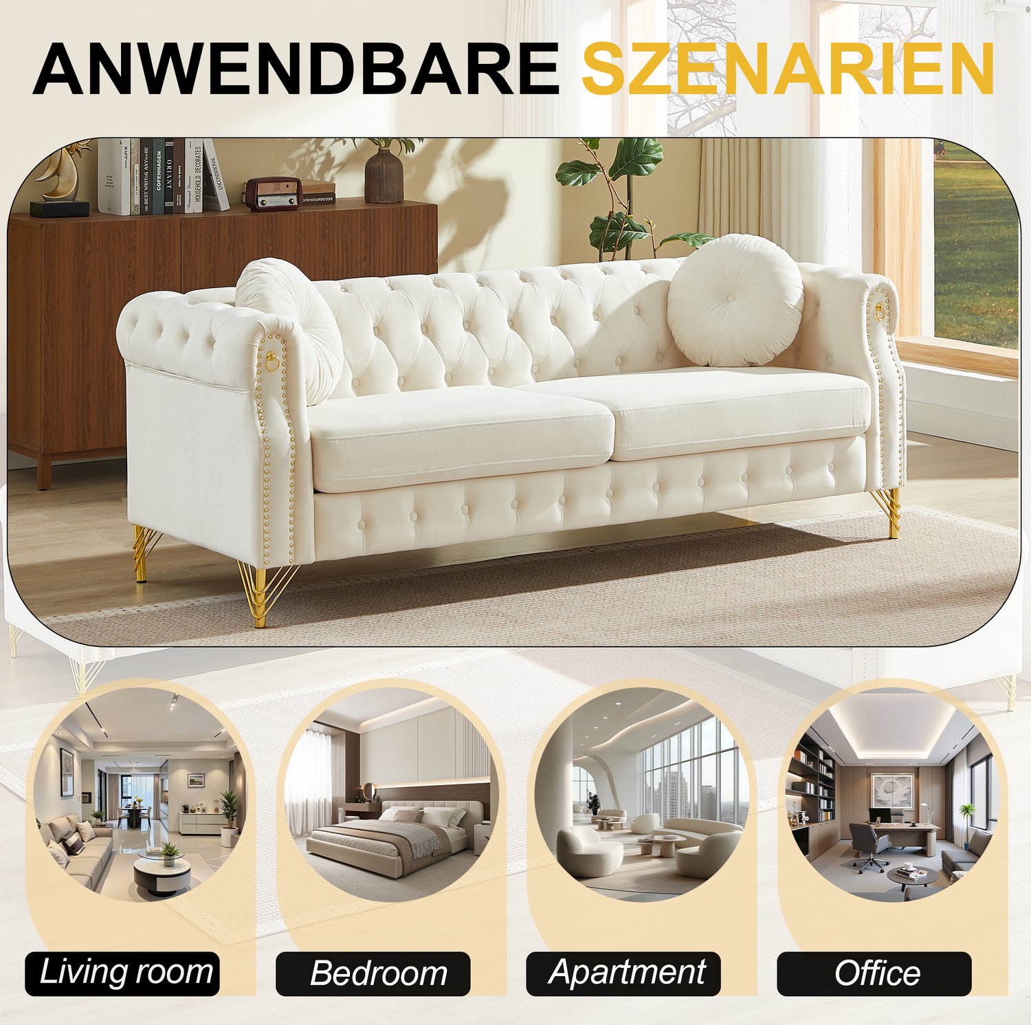 OKWISH Chesterfield Bank 208,3 cm - 2-Zitsbank met Knoopcapitonnage, Sierringen en Goudkleurige Poten - Woonkamer of Kantoor - Fluweel - Beige