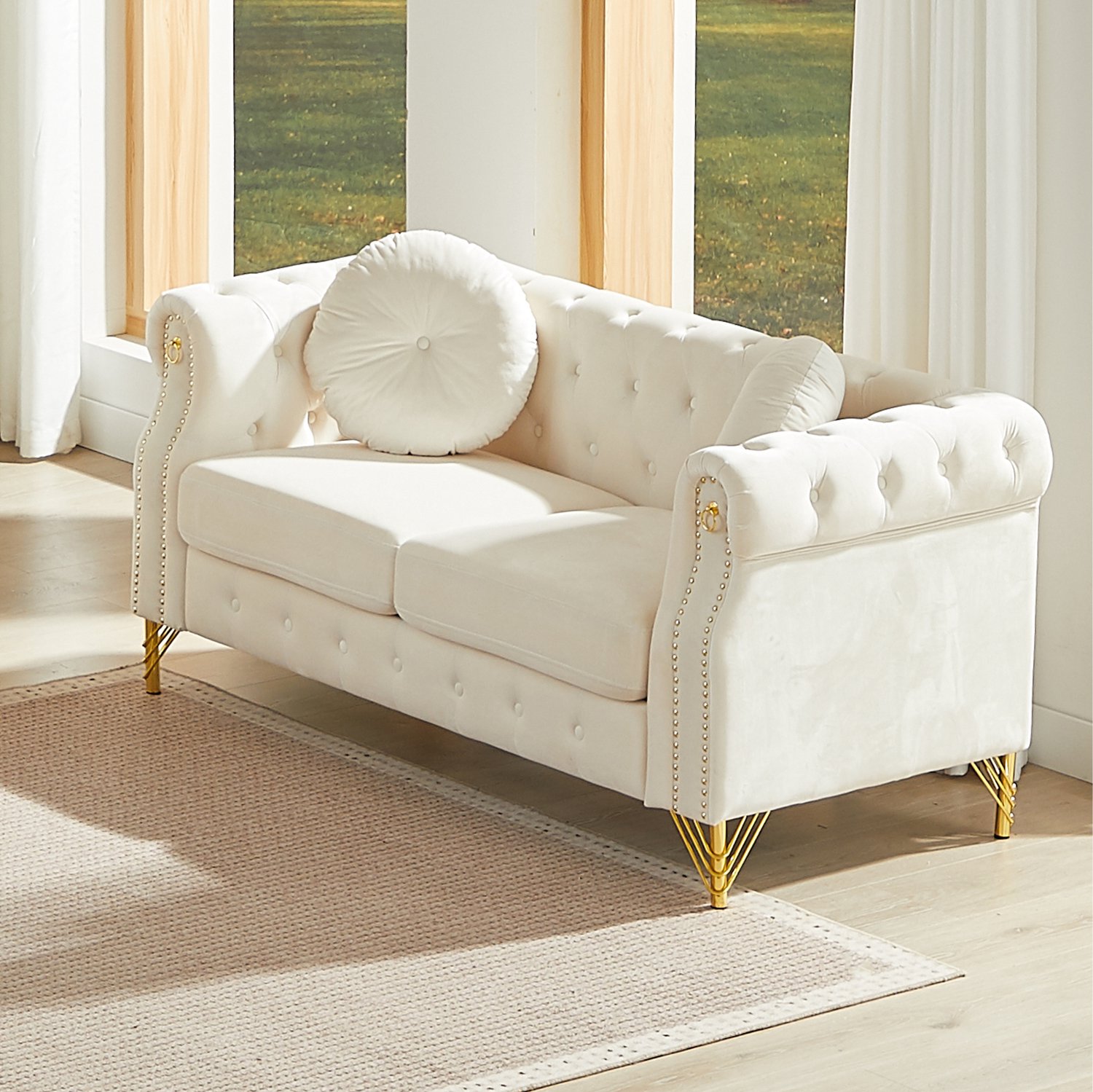 OKWISH Chesterfield Bank 153,6 bij 76,2 bij 73,6 cm - 2-Zitsbank met Sierknopen en Armleuningringen - Woonkamer - Fluweel - Beige