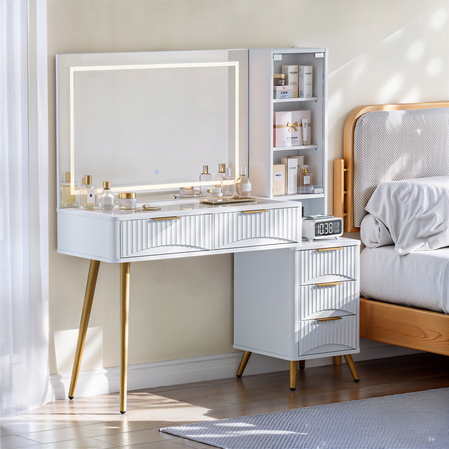 DantefHandels Kaptafel met spiegel, glazen blad, meerdere lades en stopcontact, moderne kaptafel met geribbelde voorkant, veel opbergruimte voor slaapkamer,wit