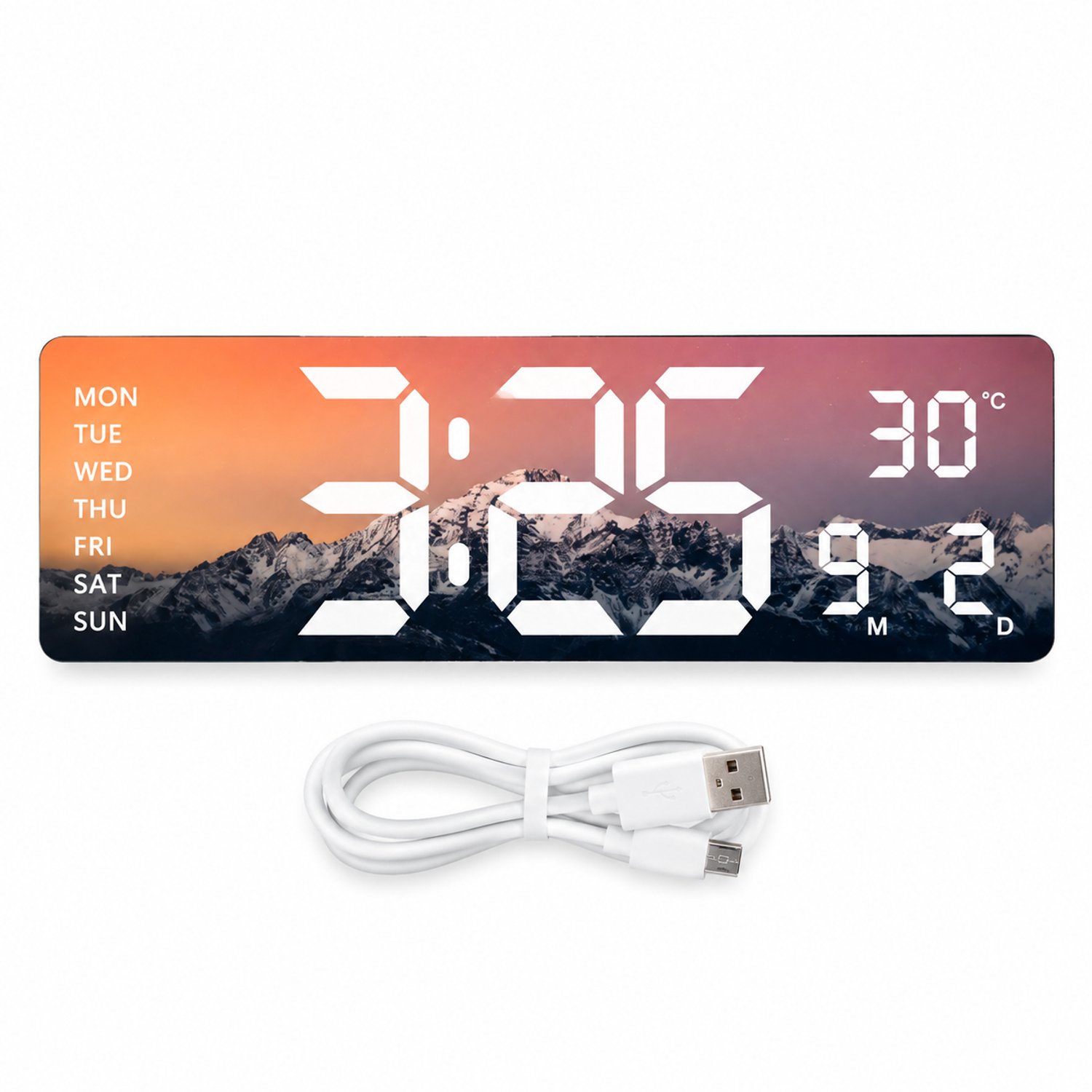 Digitale LED-wandklok 38,8 x 12,3 cm met berglandschap, temperatuur-, weekdag- en datumweergave