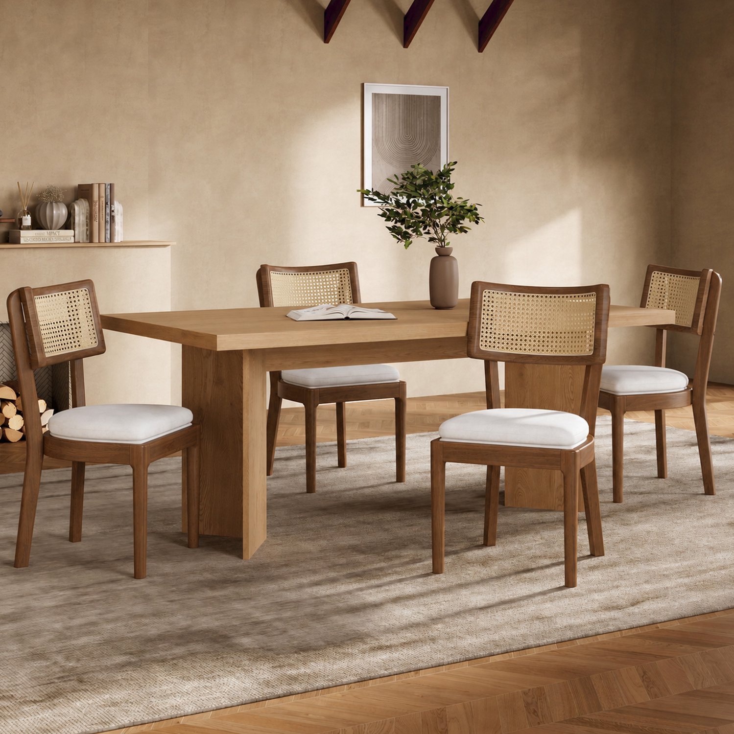 STILVORA Eetkamerstoel 50 x 58 x 88 cm - Set van 4 met Rotan Rugleuning - Voor Eetkamer en Woonkamer - Hout en Linnen - Walnootbruin en Beige