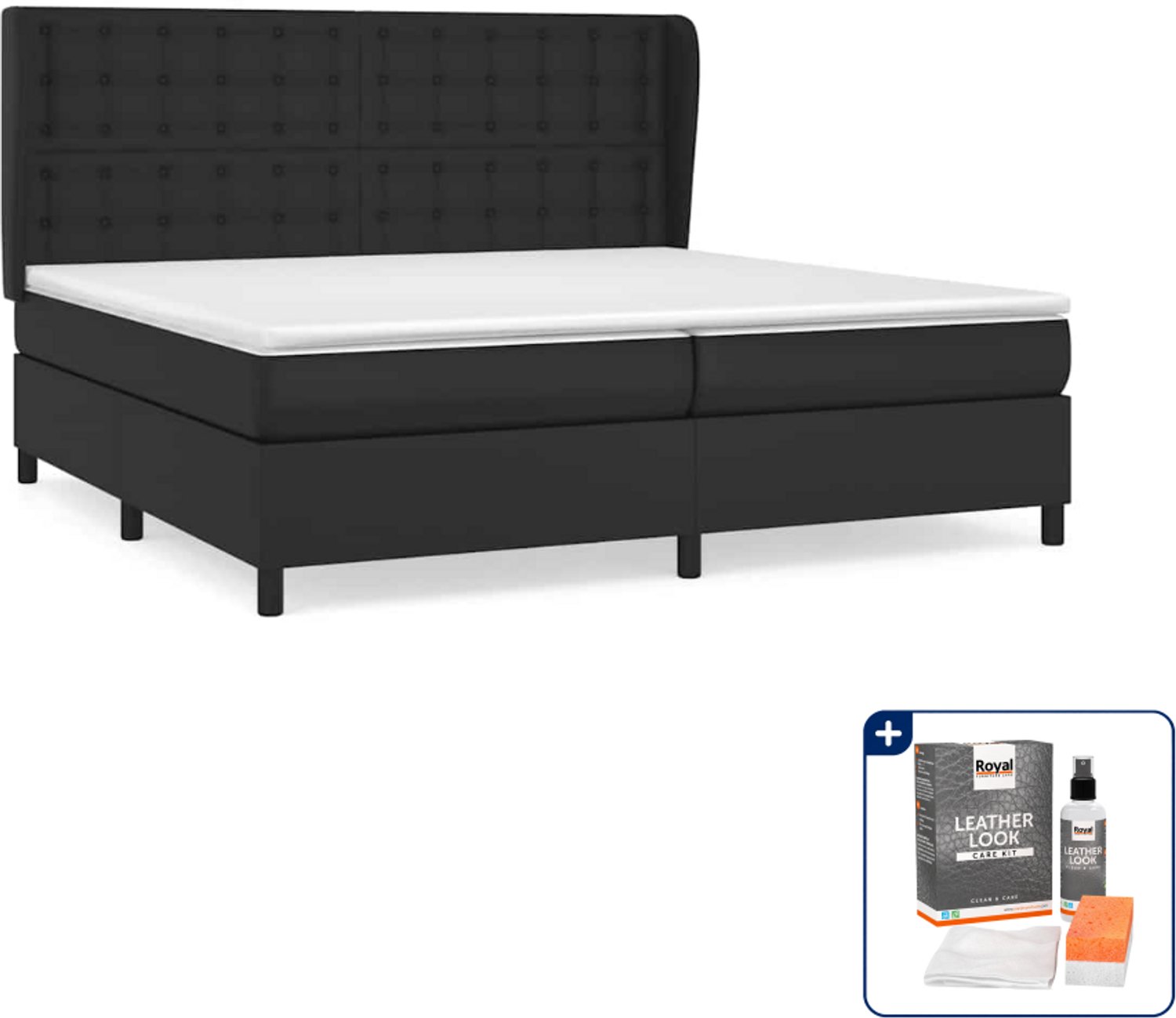 vidaXL Boxspring - Super kingsize - 200 x 200 cm - kunstleer - zwart - Inclusief onderhoudsset voor kunstleer 150 ml