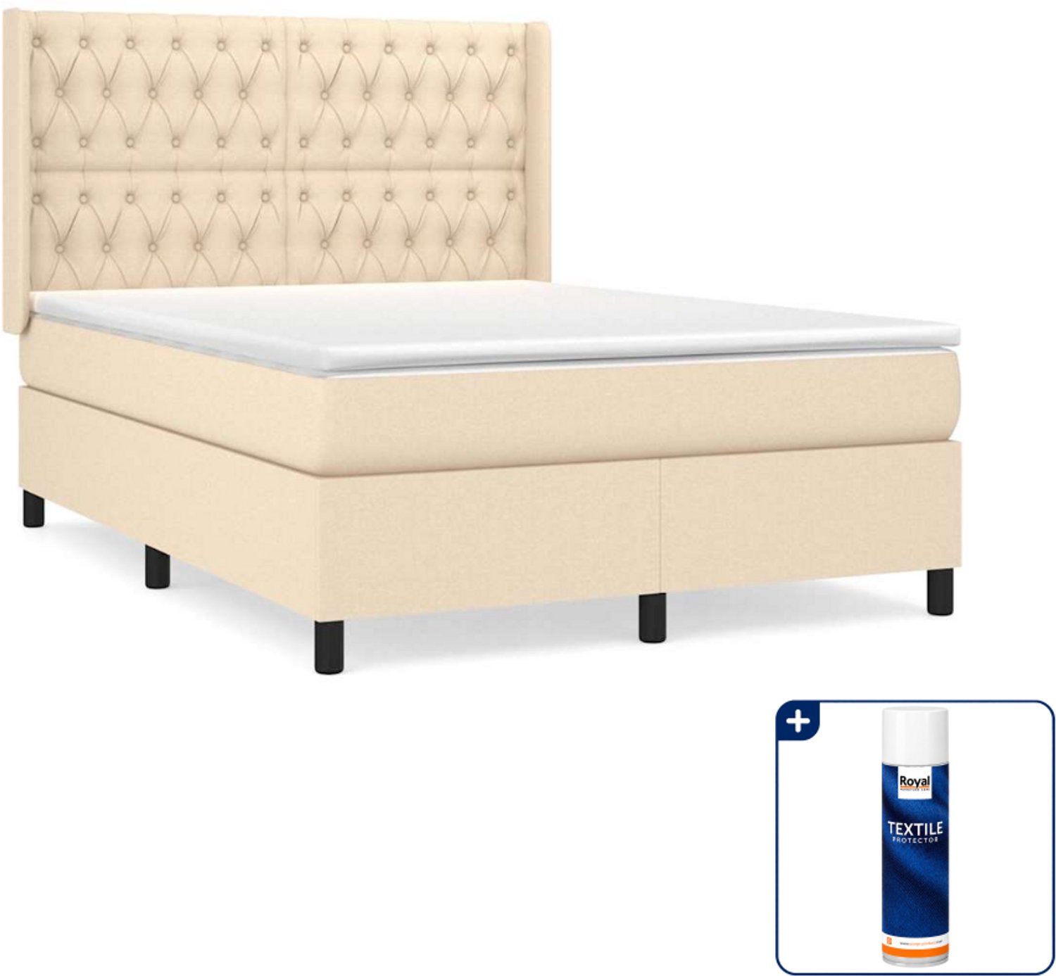 vidaXL boxspring met matras 140 x 190 cm - stof - crèmekleurig - Inclusief textielbeschermer 500 ml