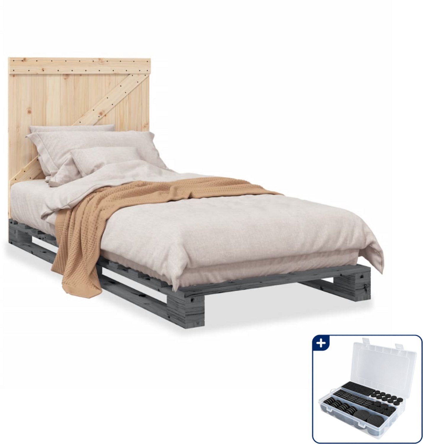 vidaXL bedframe met hoofdbord - 90 x 200 cm - massief grenenhout - grijs - Inclusief antikrasvilt 177-delig Wit
