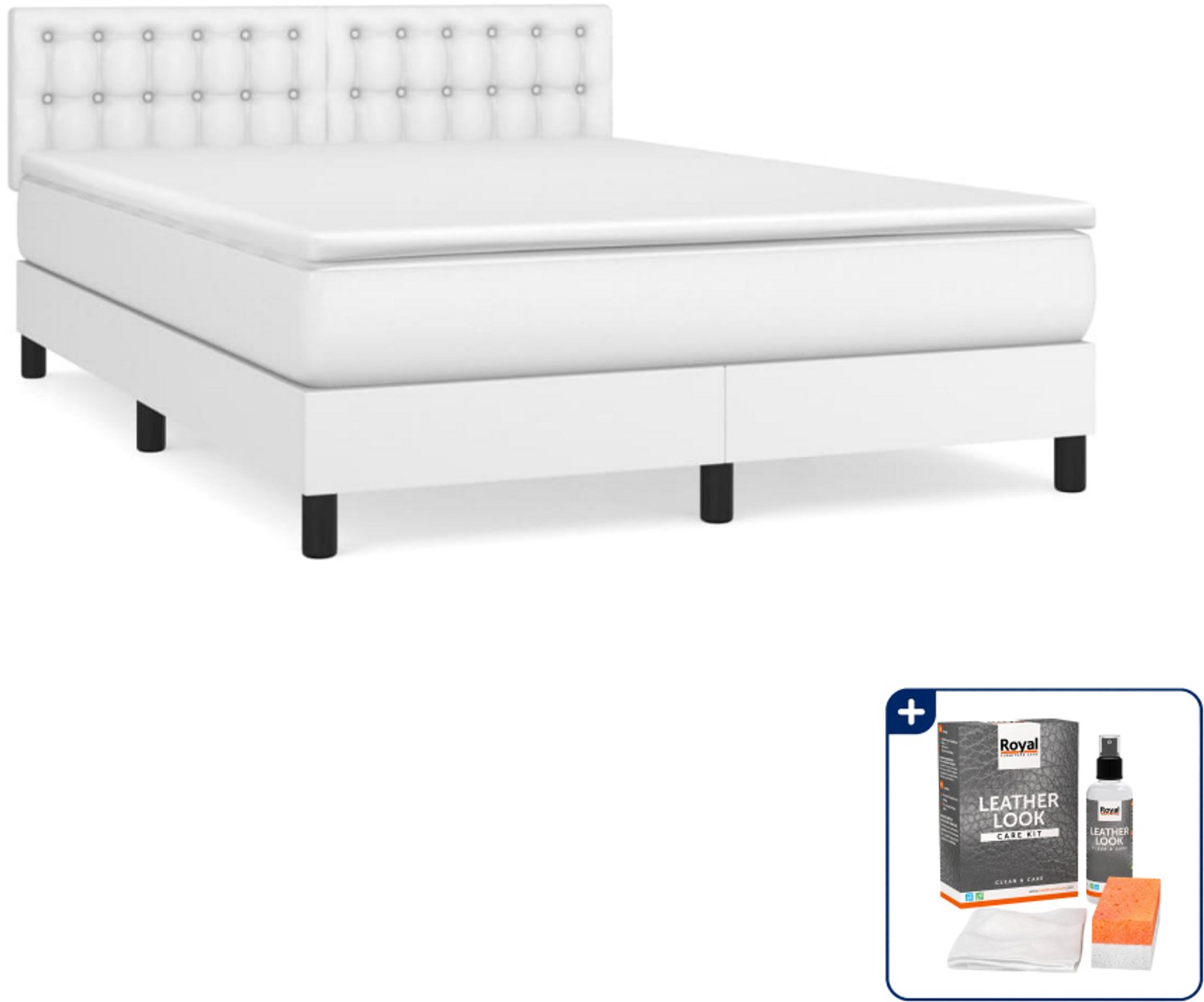 vidaXL boxspring met matras 140 x 190 cm - kunstleer - wit - Inclusief onderhoudsset voor kunstleer 150 ml