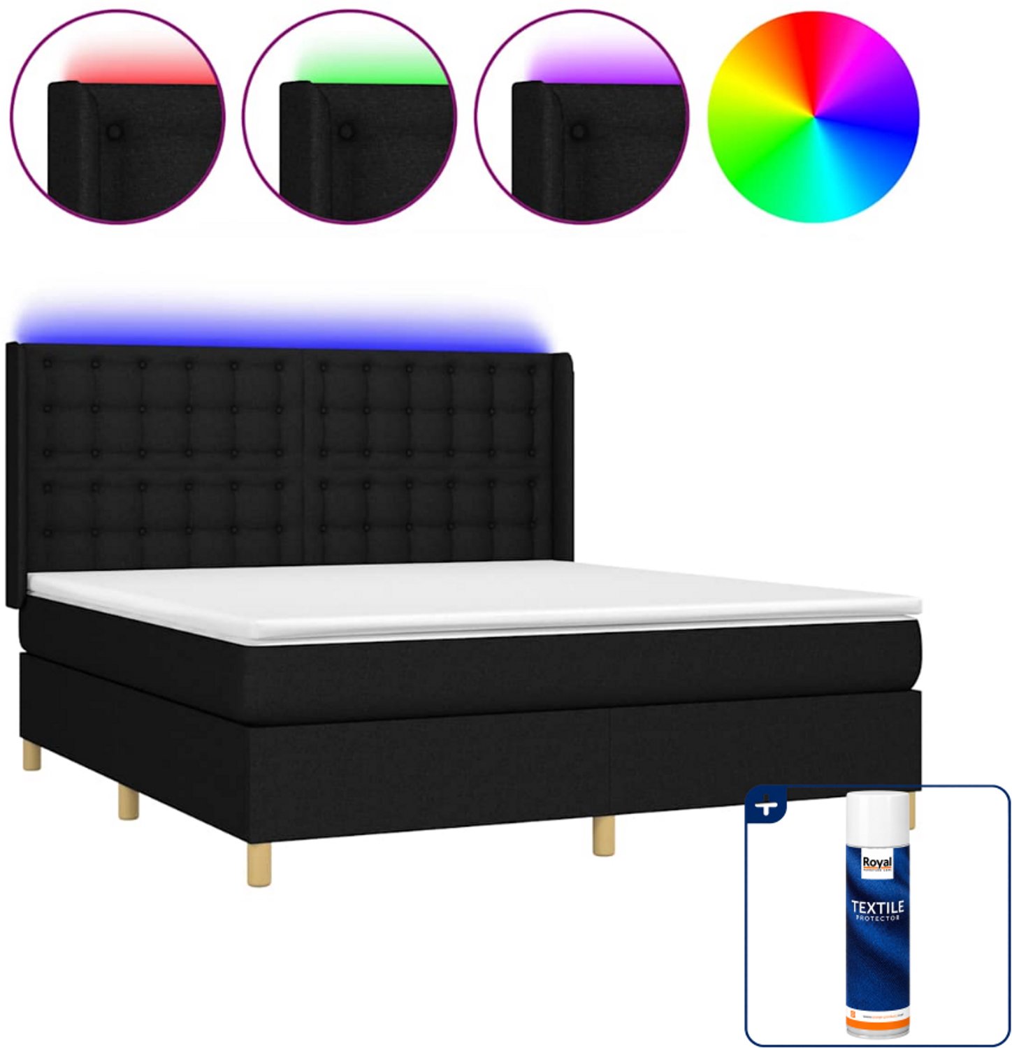 vidaXL Boxspring Kingsize - 180 x 200 cm - LED - zwart - Inclusief textielbeschermer 500 ml