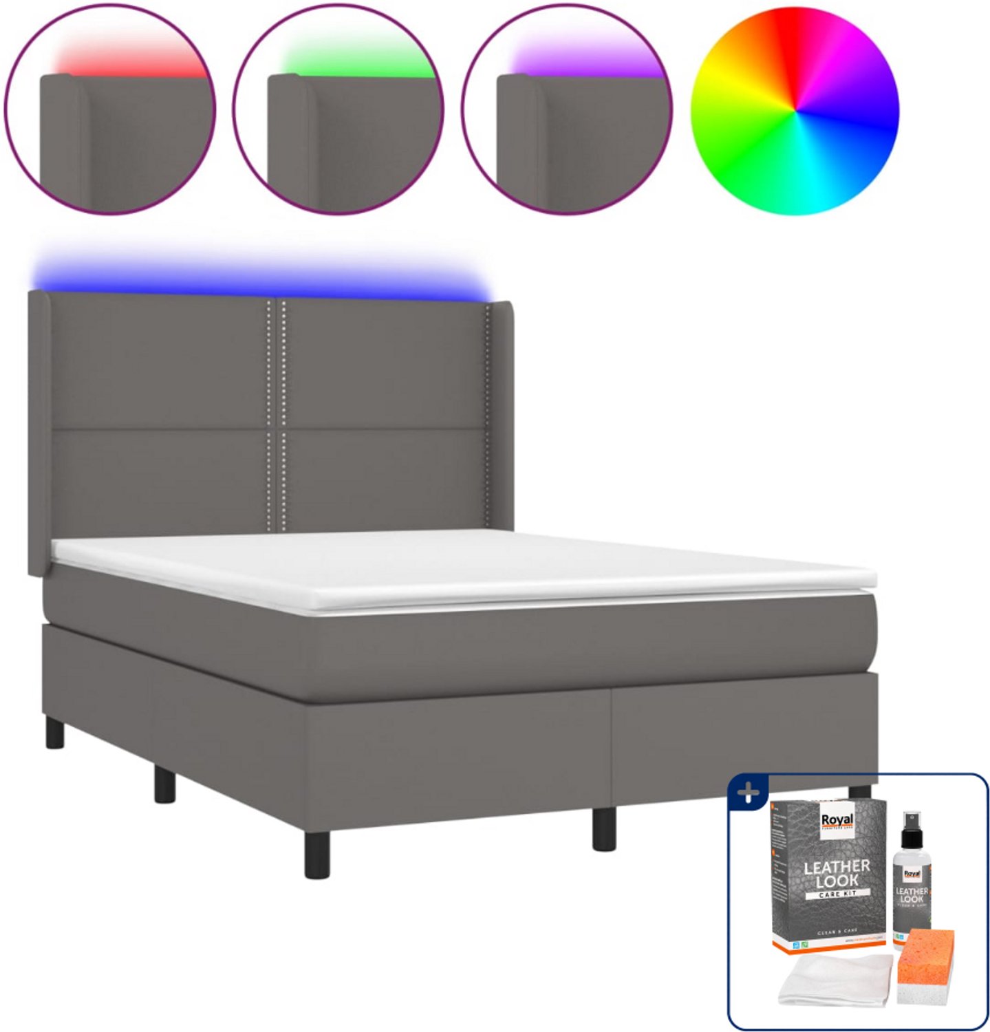 vidaXL boxspring met matras en led - 140 x 190 cm - kunstleer - grijs - Inclusief onderhoudsset voor kunstleer 150 ml