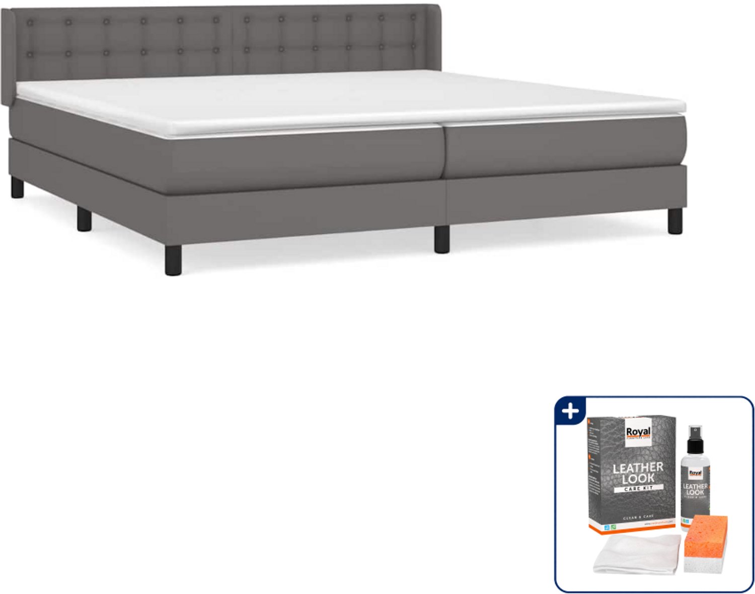 vidaXL Boxspring - Super kingsize - 200 x 200 cm - grijs - Inclusief onderhoudsset voor kunstleer 150 ml