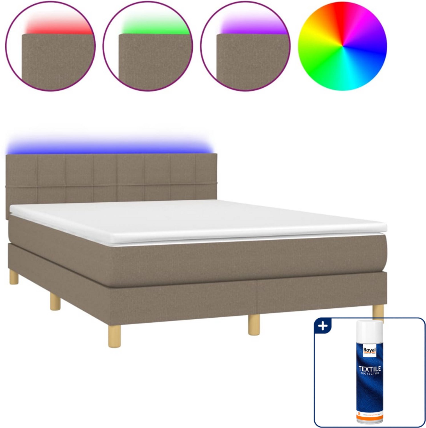 vidaXL boxspring met matras en LED - 140 x 190 cm - taupe - Inclusief textielbeschermer 500 ml