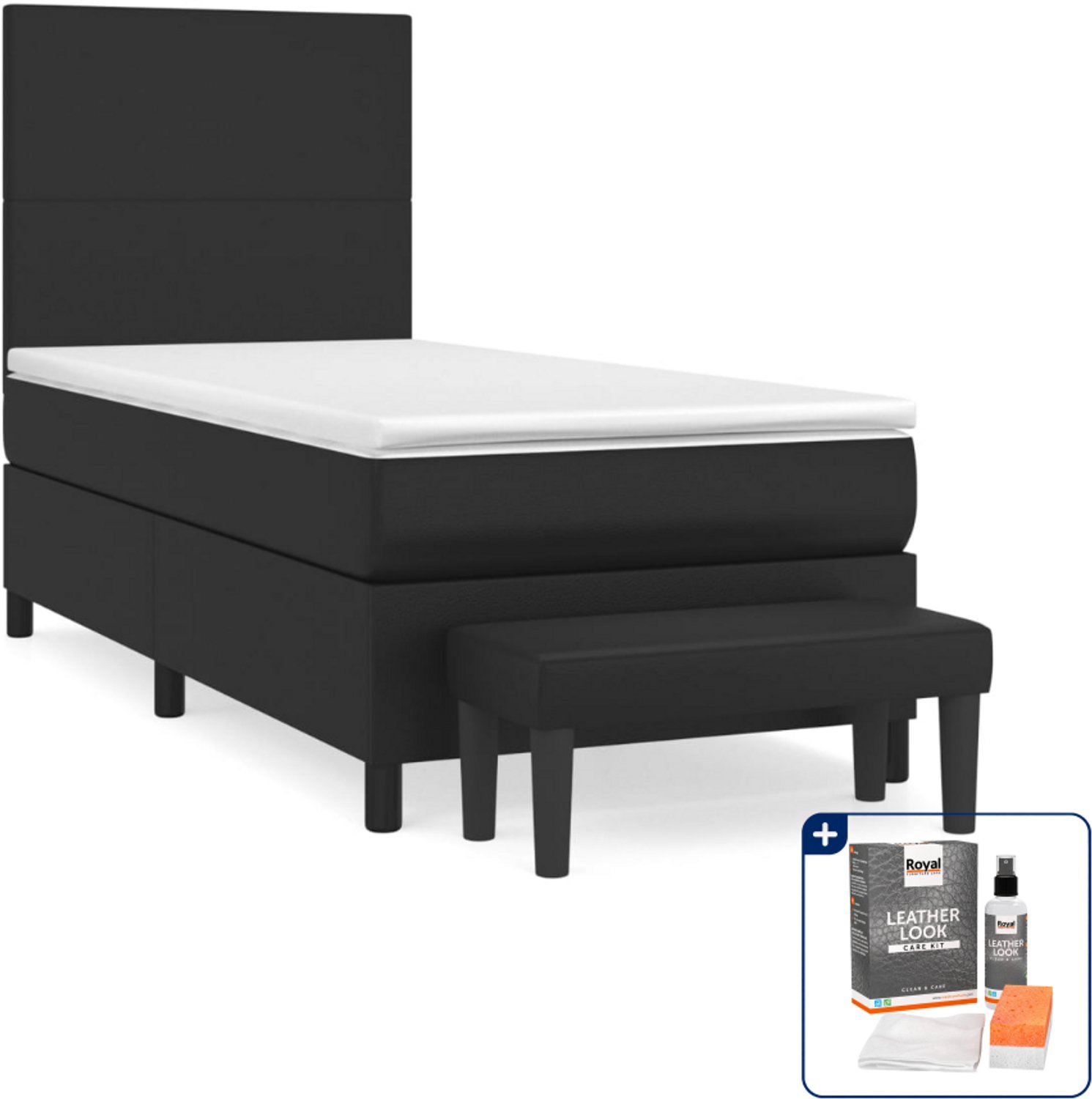 vidaXL boxspring met matras en bankje - 100 x 200 cm - kunstleer - zwart - Inclusief onderhoudsset voor kunstleer 150 ml