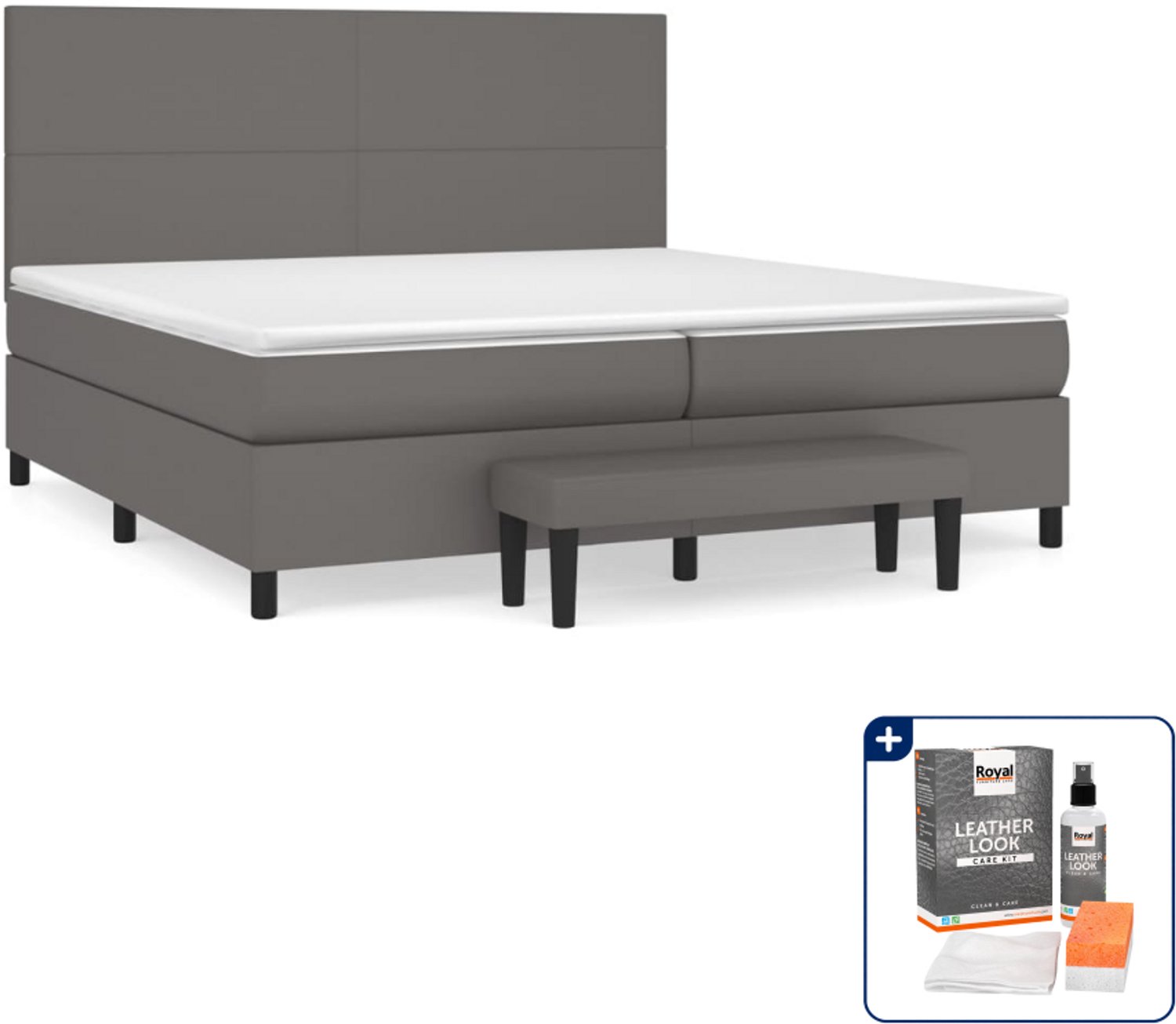 vidaXL Super kingsize boxspring met matras en bankje - grijs - Inclusief onderhoudsset voor kunstleer 150 ml