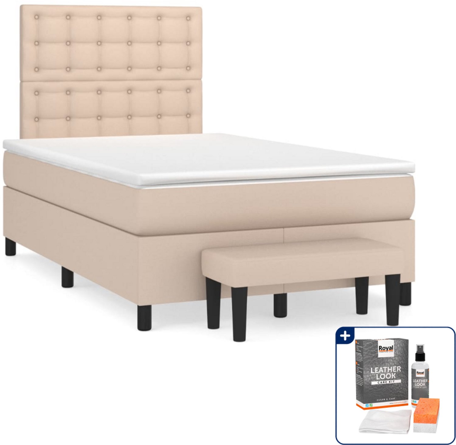 vidaXL boxspring met matras en bankje - 120 x 200 cm - cappuccino - Inclusief onderhoudsset voor kunstleer 150 ml Bruin