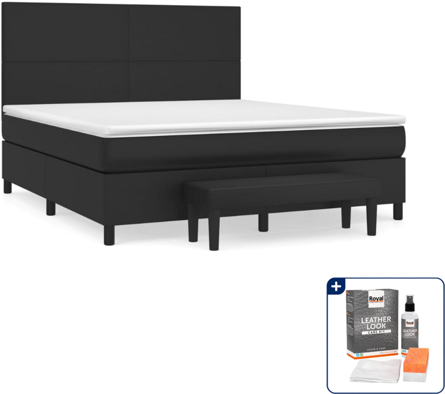 vidaXL boxspring met matras en bankje - Queensize - 160x200 cm - zwart - Inclusief onderhoudsset voor kunstleer 150 ml