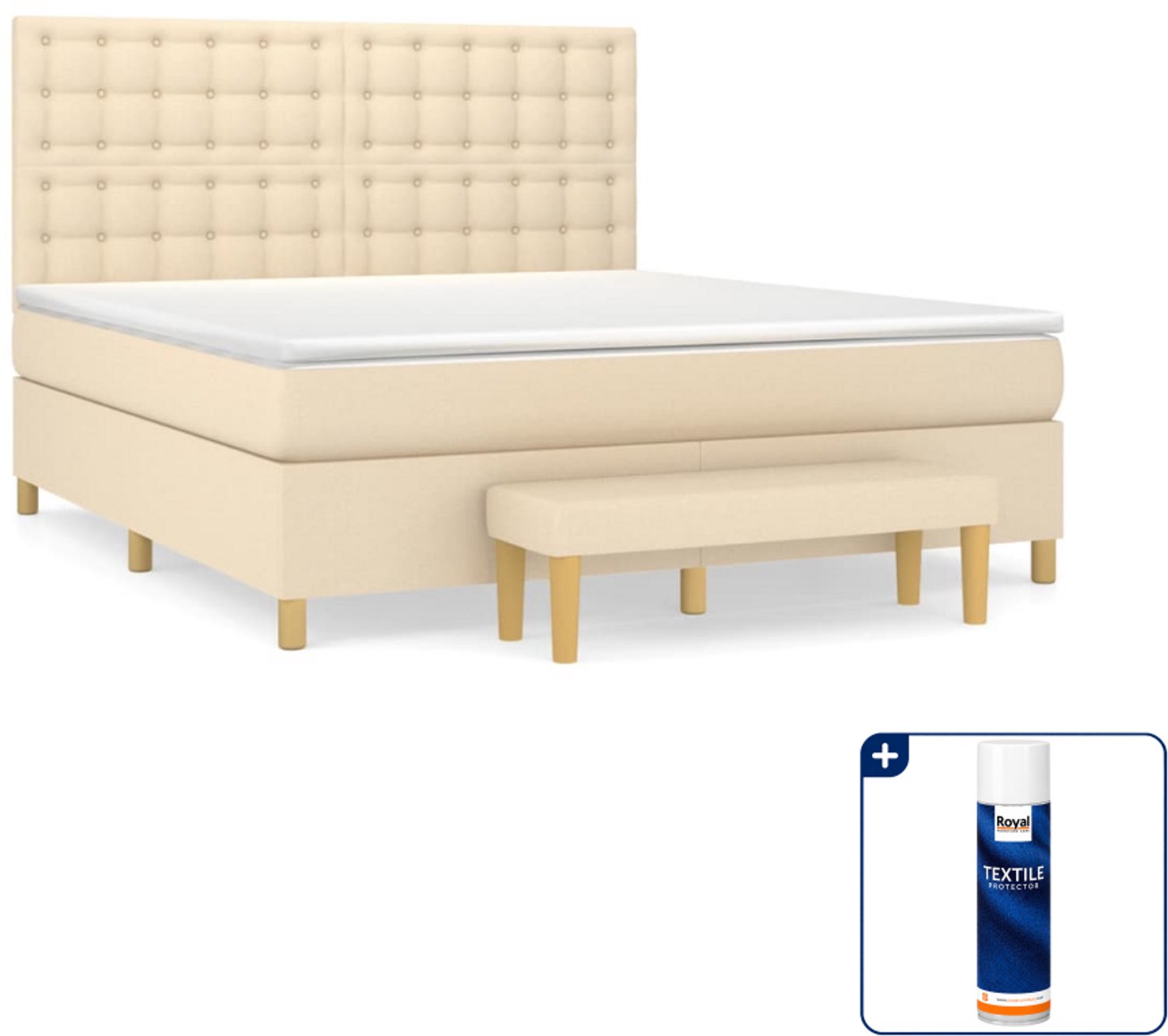 vidaXL Kingsize boxspring met matras en bank - 180 x 200 cm - crème - Inclusief textielbeschermer 500 ml