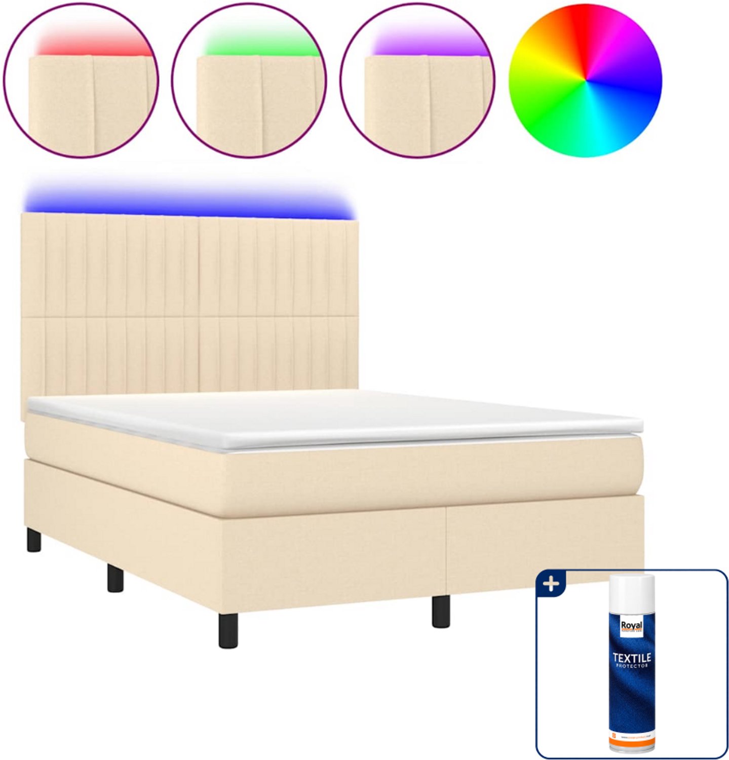 vidaXL boxspring met matras en led - 140 x 190 cm - crèmekleurig - Inclusief textielbeschermer 500 ml